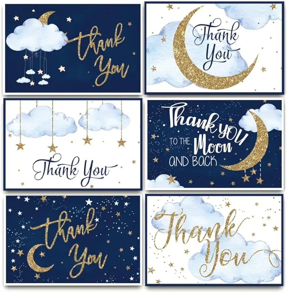 AnyDesign 36 Pack Stars Thank You Greeting Cards with Envelopes Matching Seal Stickers Blue Starry Delight Blank Note Cards Twinkle Moon Event Stationery for Baby Shower Birthday Supplies
