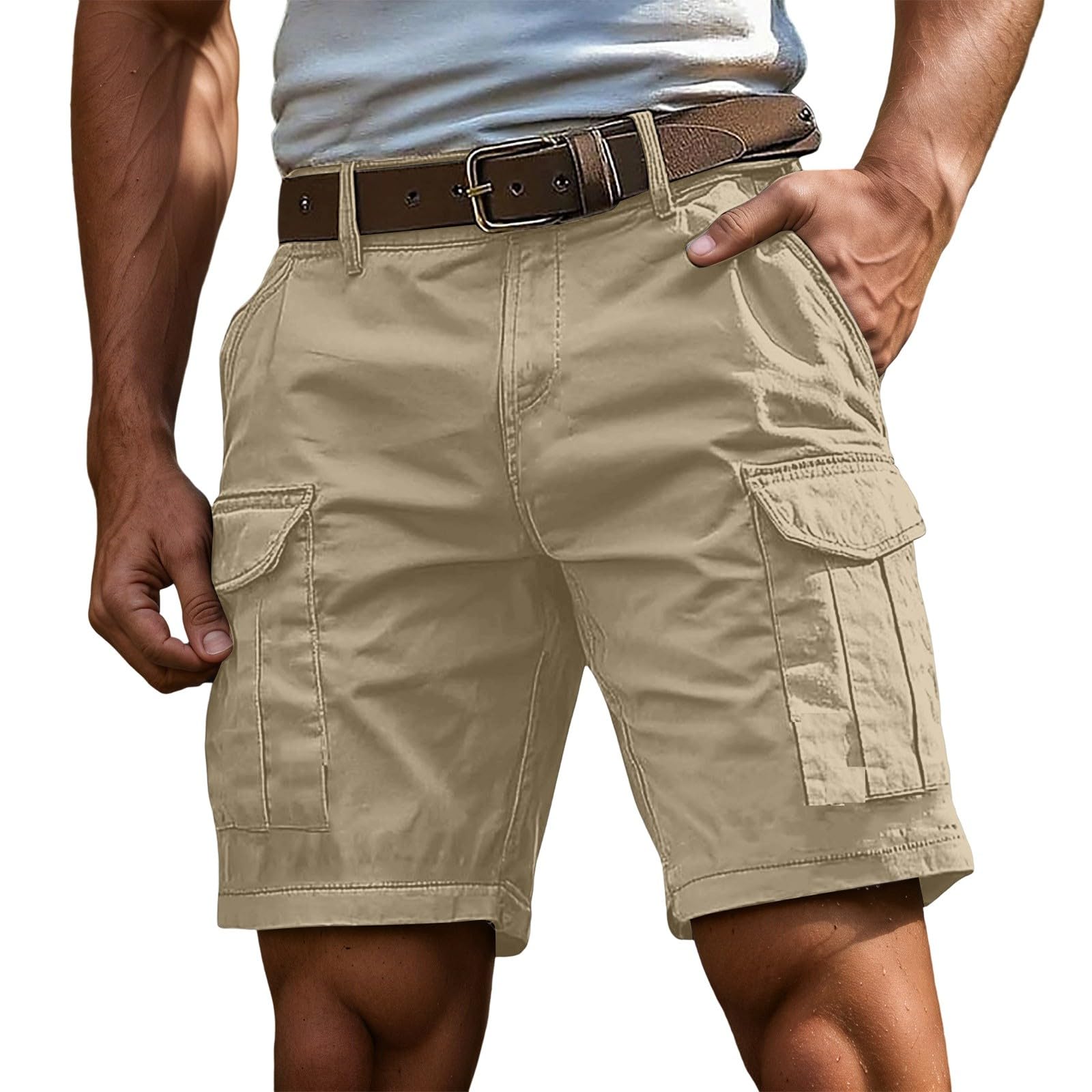 Generisch Pantalones cortos cargo para hombre, pantalones cargo bermudas y trabajo con botón de cremallera, más bolsillos, pantalones cortos deportivos para exteriores, verano, monocolor, clásicos
