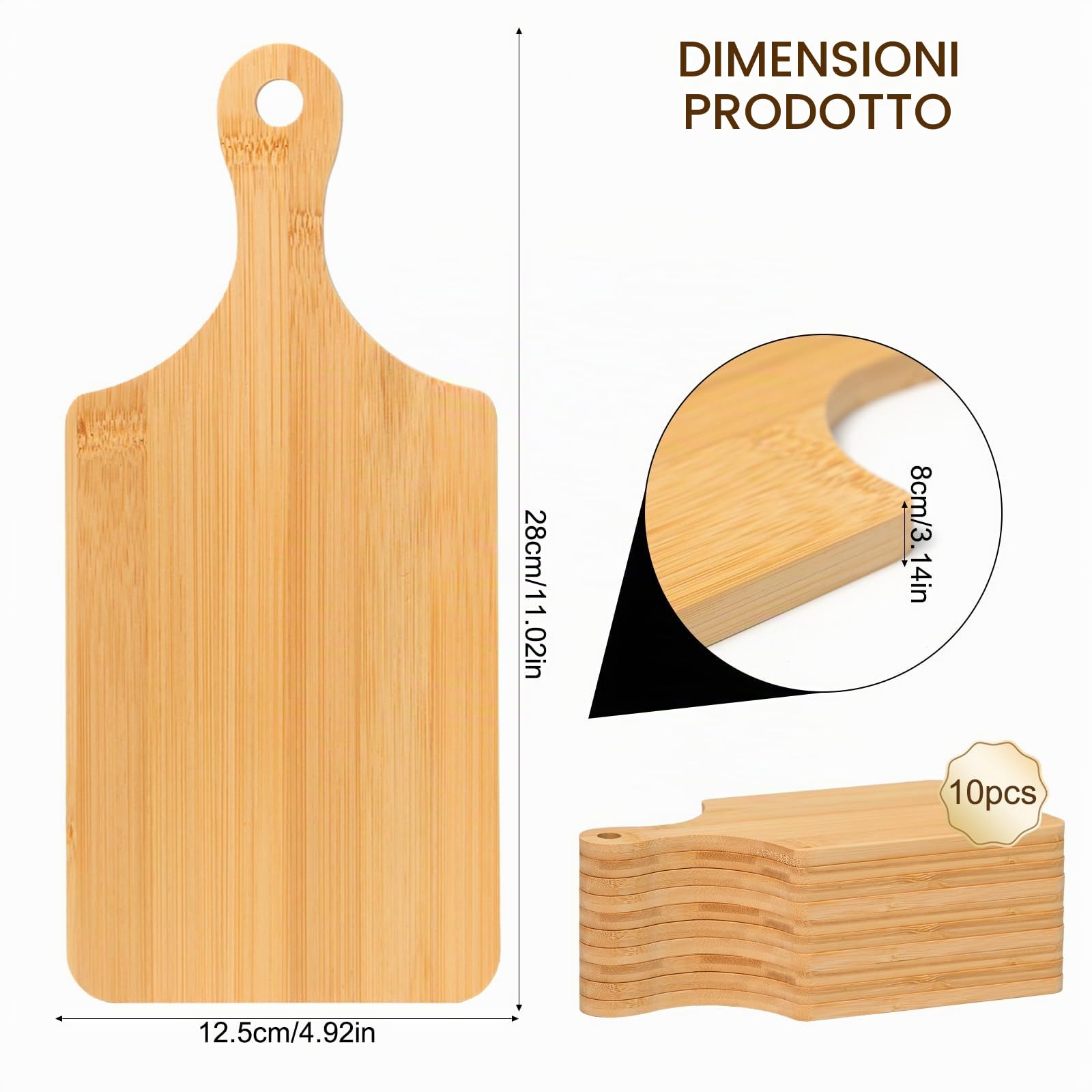 10pcs Taglieri in Bambù con Manico per Carne,Pizza,Formaggio,Pane | 28x12.7x0.8cm, Taglieri in Bambù per Servire, Tagliere in Bambù da Cucina, per Verdure Bistecca Teglia