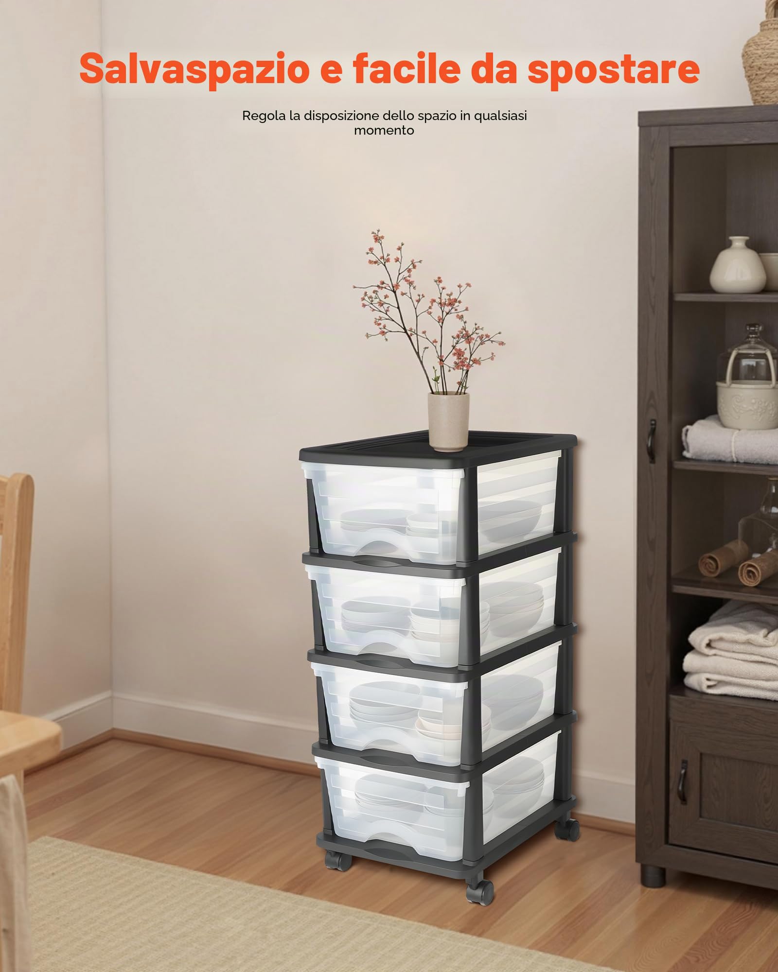 VEVOR Carrello Portaoggetti in Plastica con 4 Cassetti, Torre Portaoggetti su Ruote, Scatola Mobile a 4 Livelli, Contenitore Trasparente per Forniture di Ufficio, Aule, Laboratori Artigianali