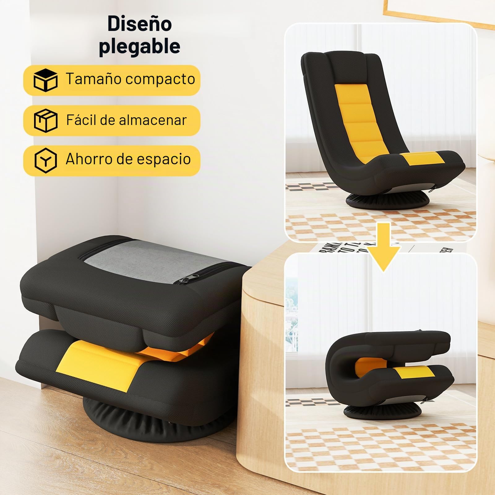 RELAX4LIFE Sillón de Suelo Giratorio 360°, Silla Plegable con Respaldo Ajustable en 4 Posiciones, Cojín para el Cuello y Base de Metal, Silla de Suelo Acolchada con Esponja Acolchada (Negro+Amarillo)