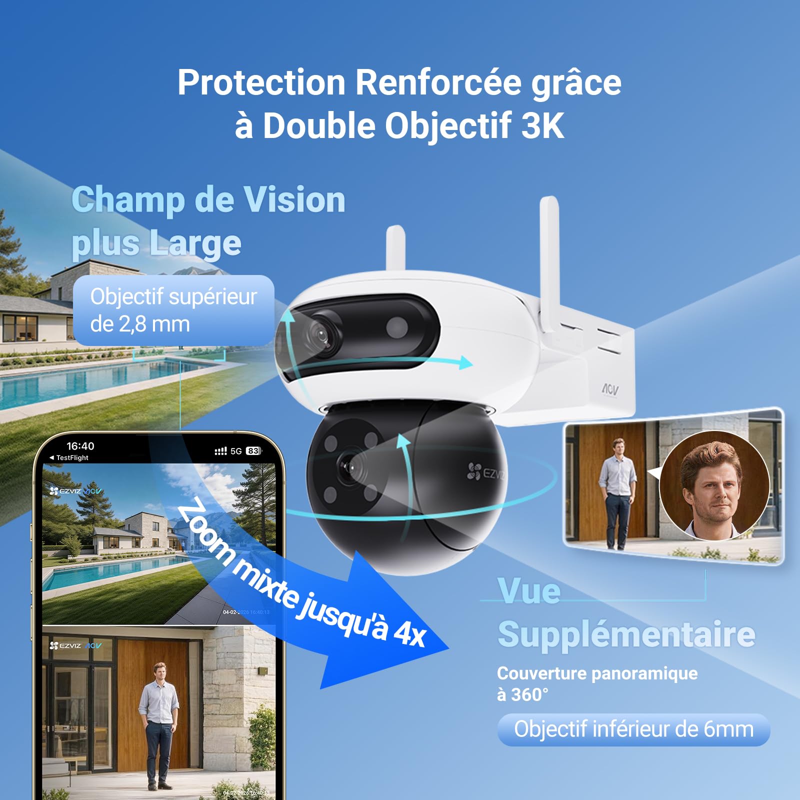 EZVIZ 5MP(3K+3K) Camera Exterieur sans Fil à Double Objectif, CB90 Kit