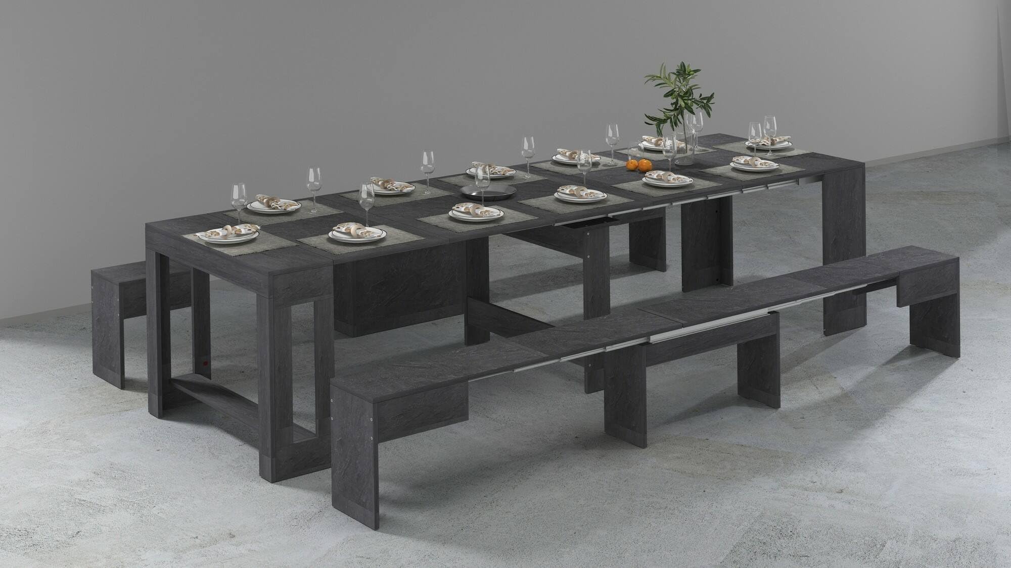 Dmora - Tisch- und Stuhlset Eric, Mehrzweckkomposition, Set mit Konsole und 2 ausziehbaren Bänken, 100% Made in Italy, 66 x 25 x 45 cm, Schiefer
