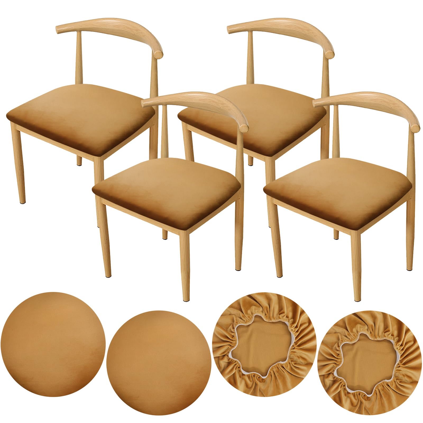 YINGAYOU Velvet Seat Covers for Dining Room Chair 35-50cm/14-19 Seat Cover Velvet Luxury Fabrics Super Stretchy and Soft and Beautiful, Washable, Dustproof (4, Khaki)