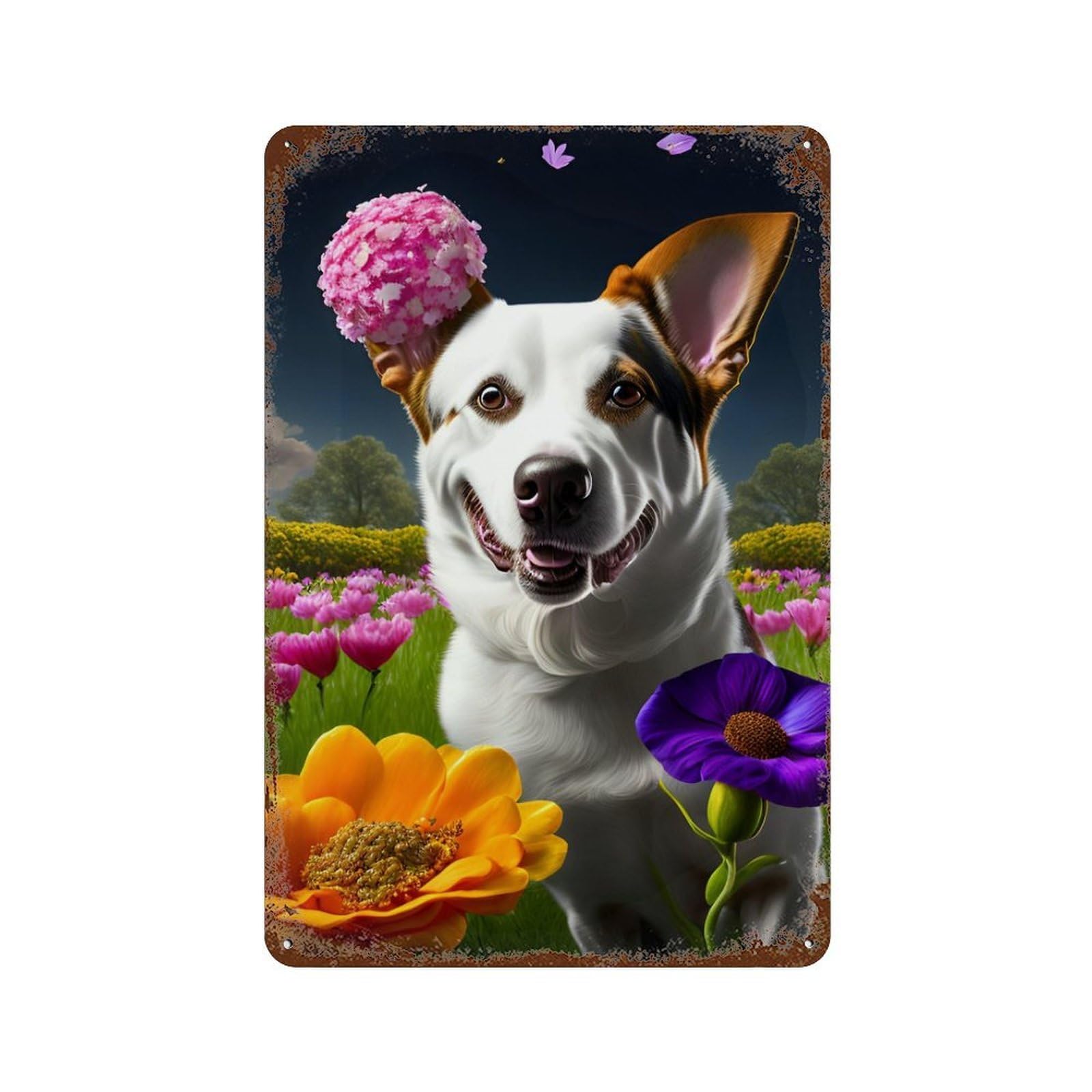 Floral Fantasy Dog in Bloom Aged Metal Wall Plaque 11.8"x7.9", Ideal for Garage, Bar And Workshop Decor