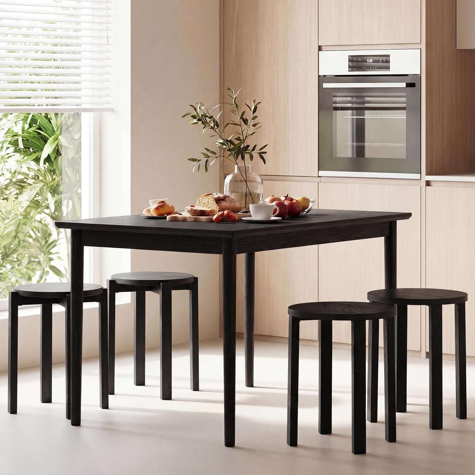 COSTWAY Set di 4 Sgabelli Impilabili 4 in 1, Sgabelli in Legno con Portavaso con Rotelle, 2 Grandi Ø36 cm e 2 Piccoli Ø35 cm, Tavolino Laterale Rotondo per Soggiorno e Camera da Letto (Nero)