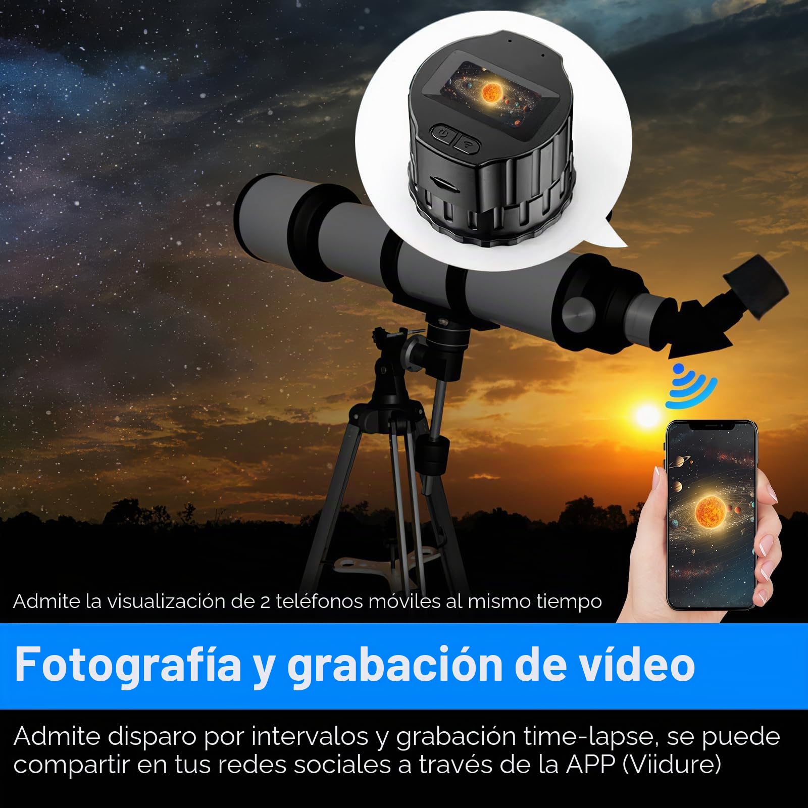 Cámara ocular electrónica WiFi, telescopio digital inalámbrico de 1.5 pulgadas con grabación de video HD 1080P para telescopios monoculares de 28 mm-50 mm, telescopios astronómicos