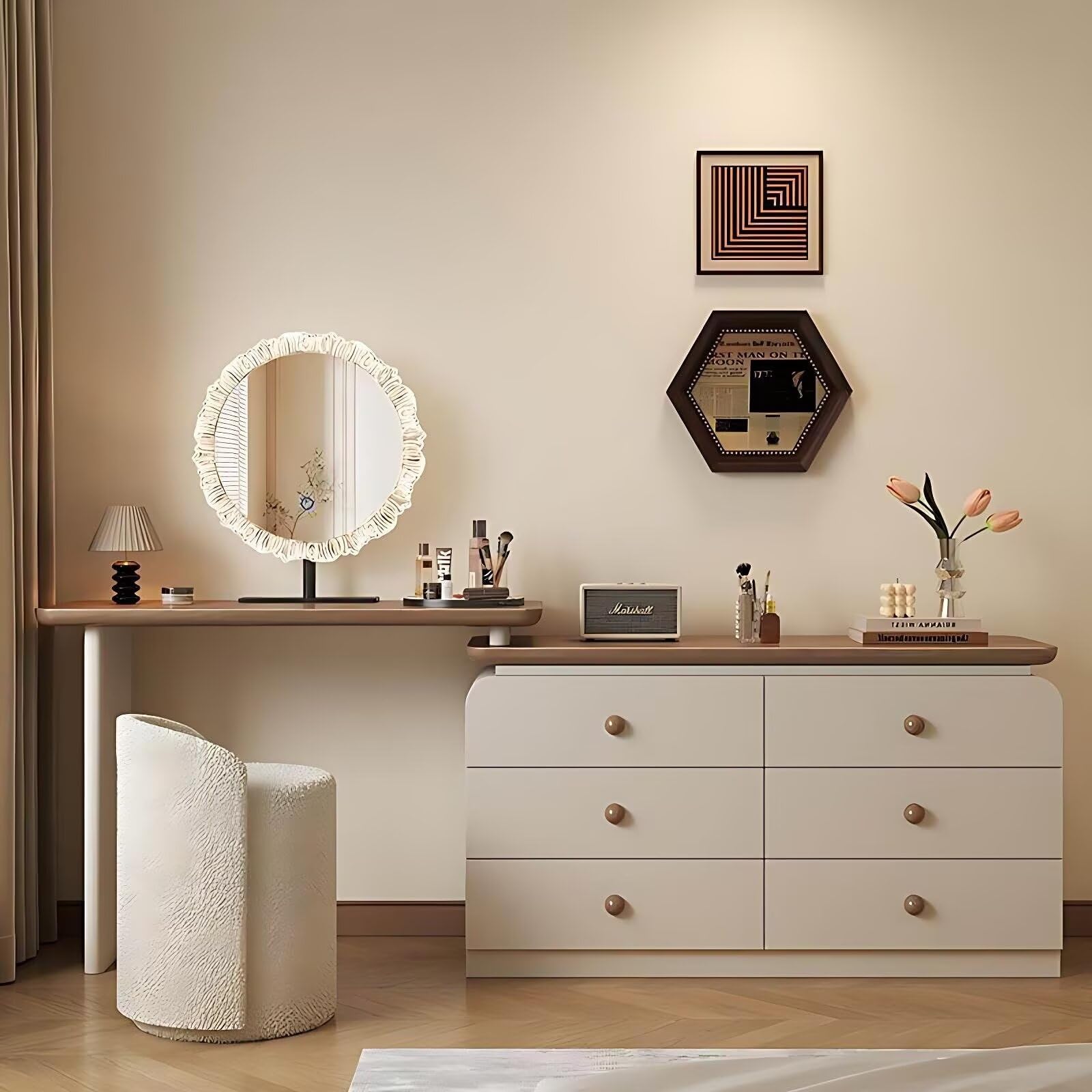 Makeup Vanity - Solid Wood Vanity Desk with Walnut Wood Grain Countertop and Smart LED Lights Mirror,Baking Paint Dressing Table Include 6 Drawers & Stool for Bedroom,Walnut Color,39.37''