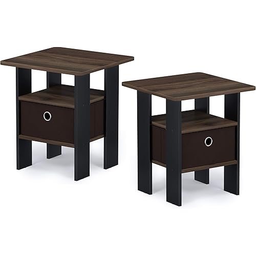 Furinno Andrey Set of 2 End Table / Side Table / Night Stand / Bedside Table with Bin Drawer, Columbia Walnut/Dark Brown