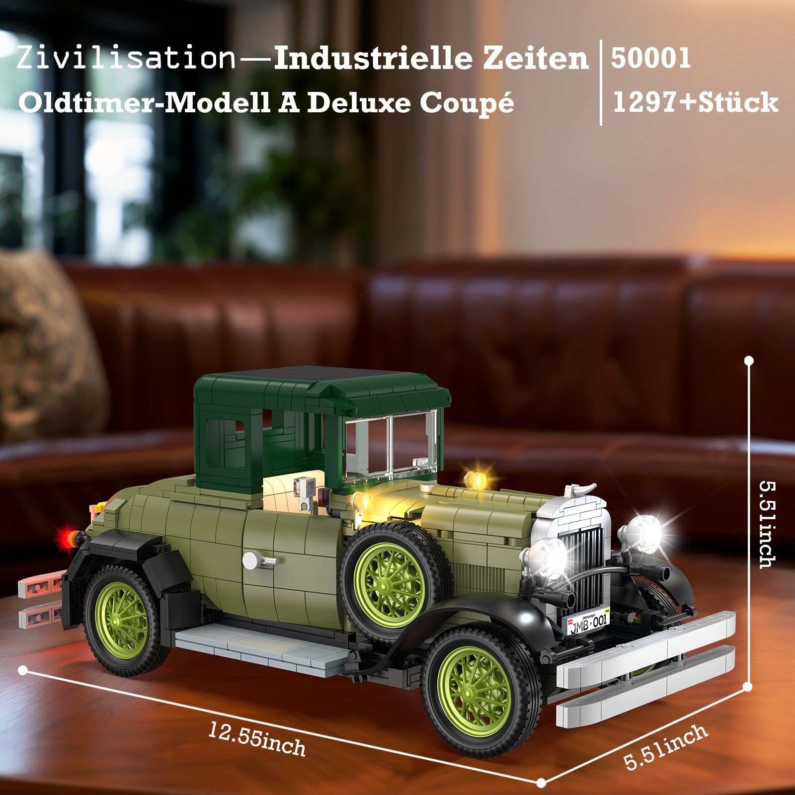 JMBricklayer Retro Auto Modellbau für Erwachsene mit Licht, 50001 Vintage Modellauto Bausätze, Oldtimer Car Sammler Ausstellungsset Dekorationen, Bausteine Geschenke für Fans Klassischer Fahrzeuge