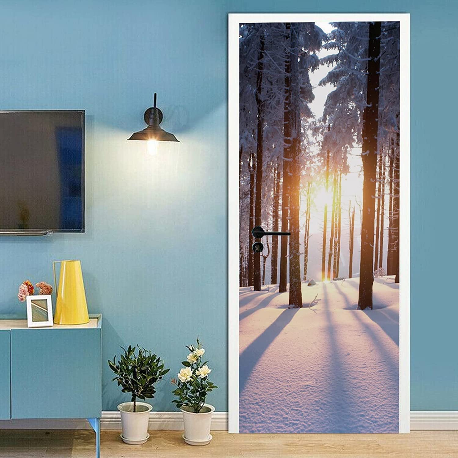 3D Door Stickers for Interior Doors Winter Forest Sunshine Landscape Door Vinyl Waterproof Self Adhesive Door Mural Decals for Bedroom Office Bathroom 95 X 215 Cm Door Posters - Door Art - Door Photo