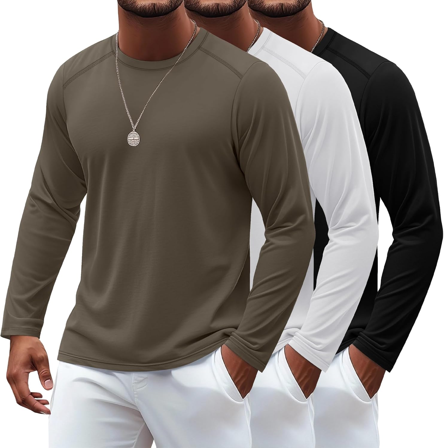 Ficerd 3 Pack Men's Big and Tall Shirts, Long Sleeve Basic T Shirts Athletic Loose Fit Tops Crew Neck Stretch Pullover Tee