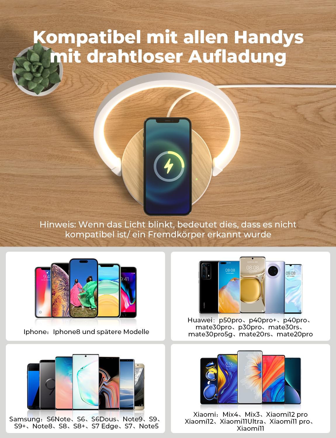 Nachttischlampe mit ladefunktion, Touch Dimmbar Nachtlicht Wireless Charger 15W, LED Tischlampe mit 3 Stufige Helligkeit für Schlafzimmer Wohnzimmer Büro