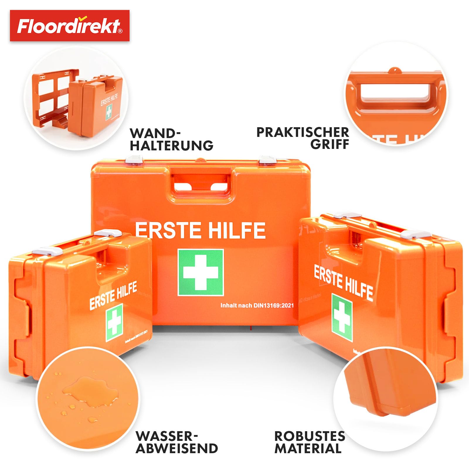 Floordirekt Erste Hilfe Koffer für Betriebe DIN 13157:2021 gefüllt inkl. Wandhalterung | 1 Hilfe Verbandkasten Set für Zuhause, Büros und Gastro, Notfallbox bis 50 Mitarbeiter (28 x 20 x 11,5 cm)