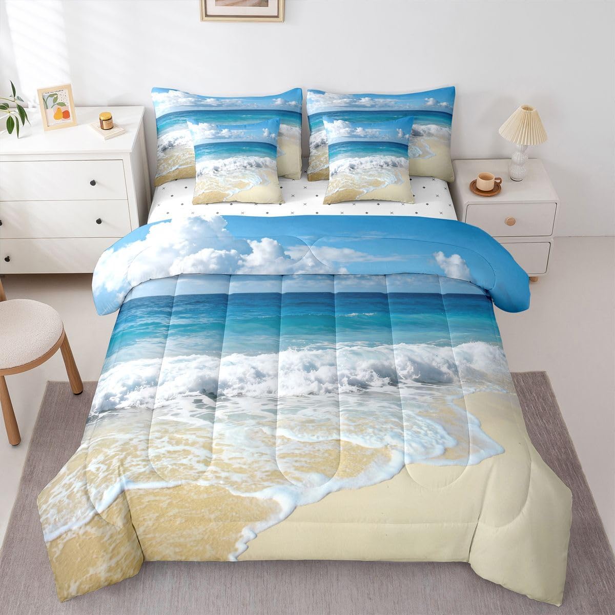 Erosebridal Ocean Wave 7 Pcs Bedding Set Full Sea Themed Comforter Set with Sheets Hawaiian Beach Bed in A Bag Coastal Nature Theme Bedroom Decor