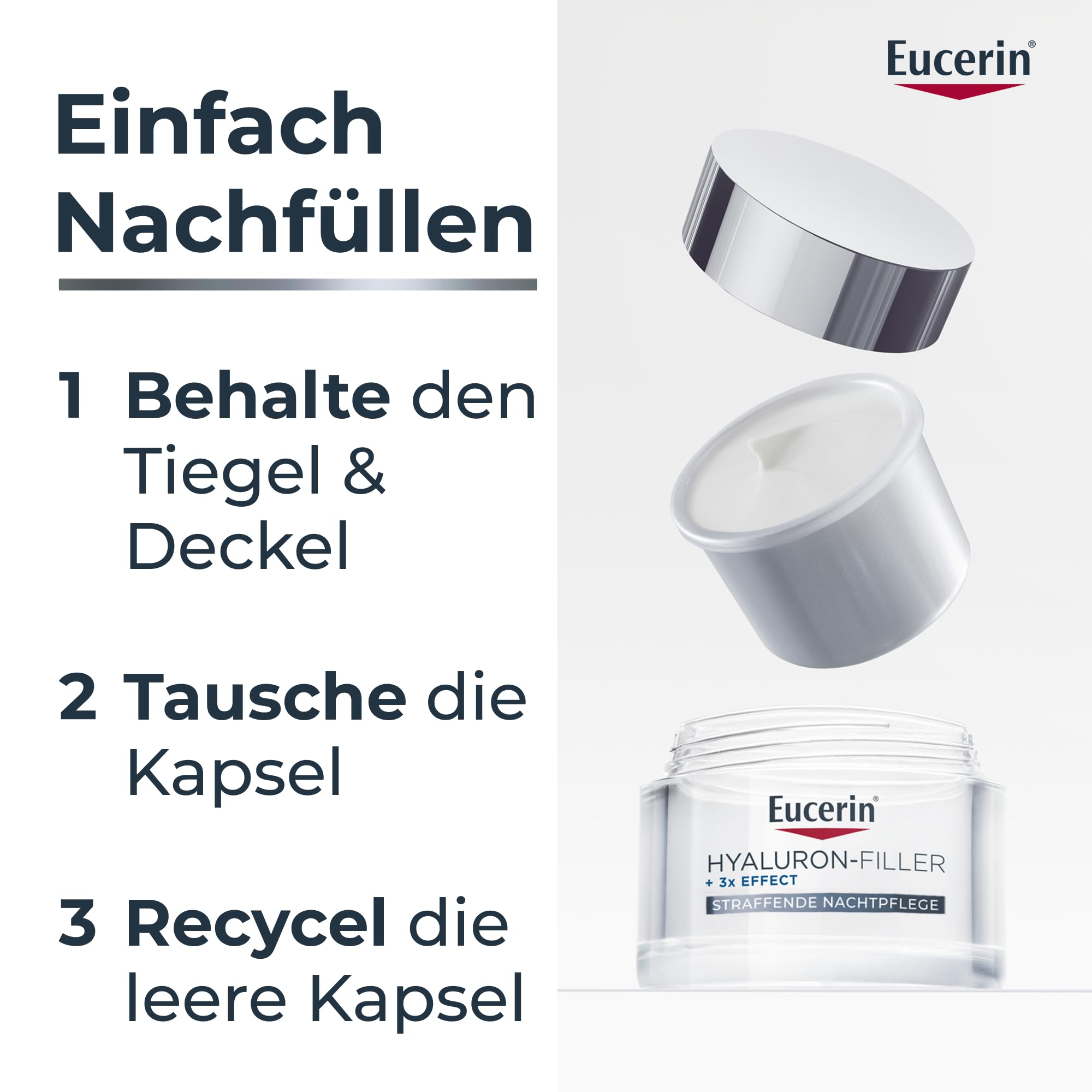 Eucerin Hyaluron-Filler + 3x Effect Nachtpflege Nachfüllkapsel 50 ml, straffende Gesichtscreme regeneriert die Haut über Nacht und mildert Falten, Anti Aging Creme mit Hyaluronsäure
