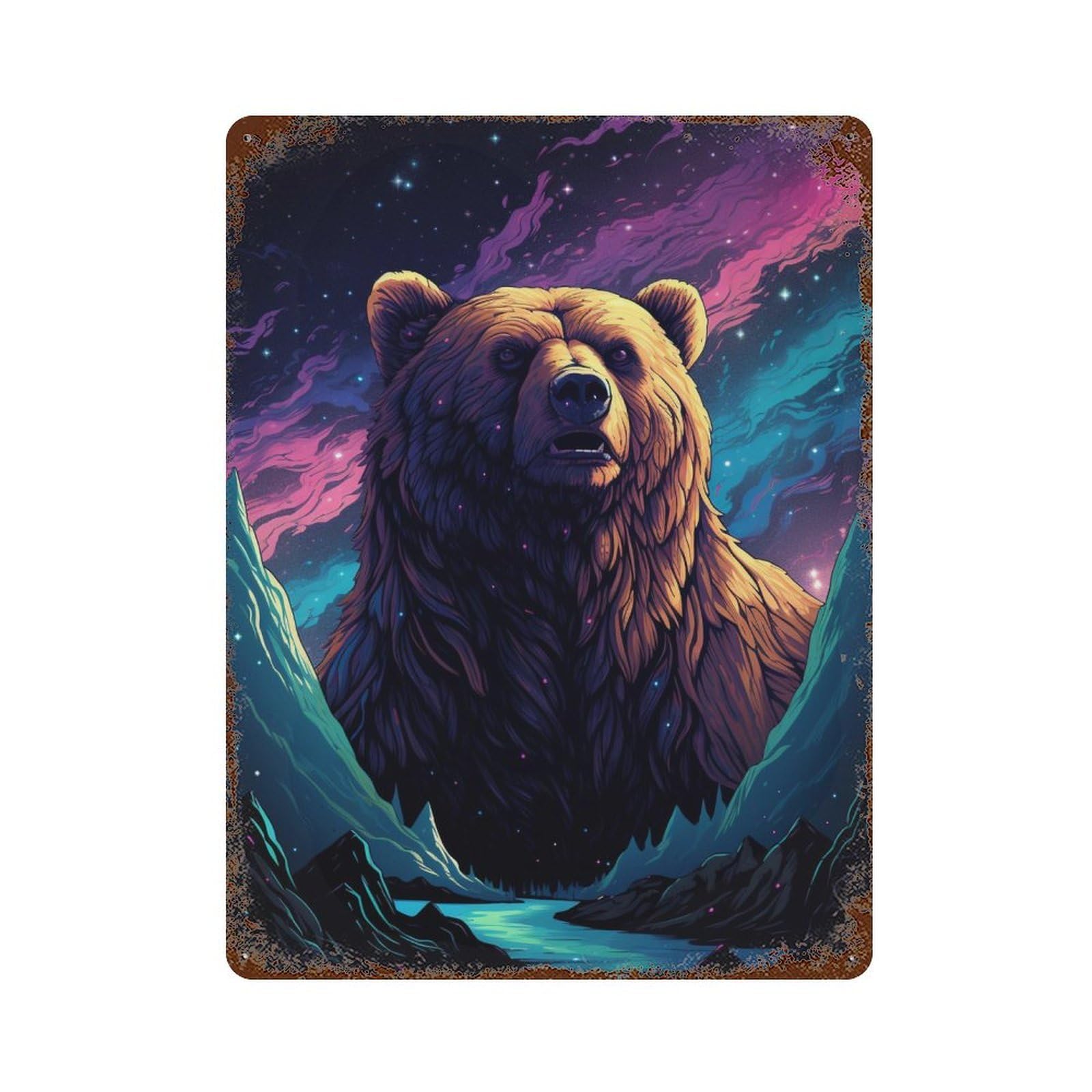 Cosmic Bear Majesty Aged Metal Wall Plaque 15.7"x11.8", Industrial Home Decor for Garage, Pub Or Kitchen