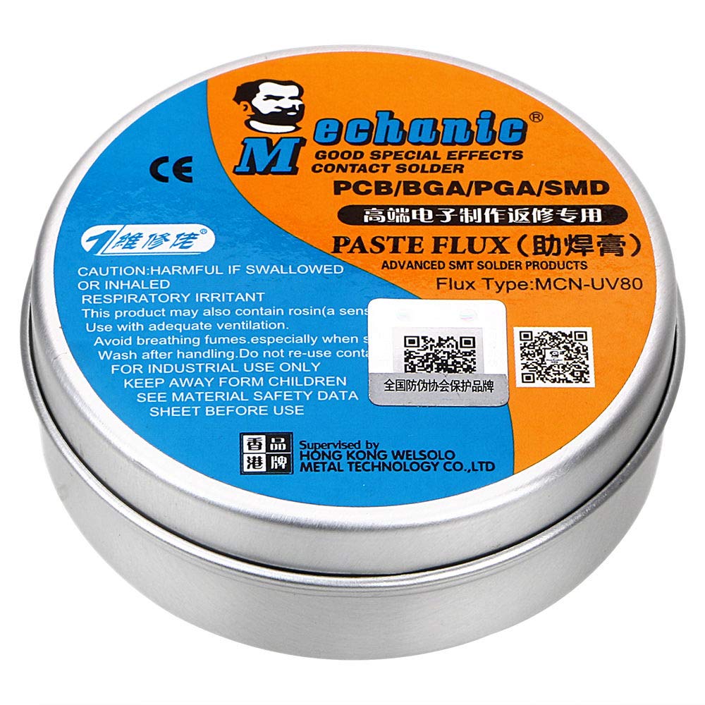 Close-up of MCN-UV80 Paste Flux tin with safety warnings and QR codes
