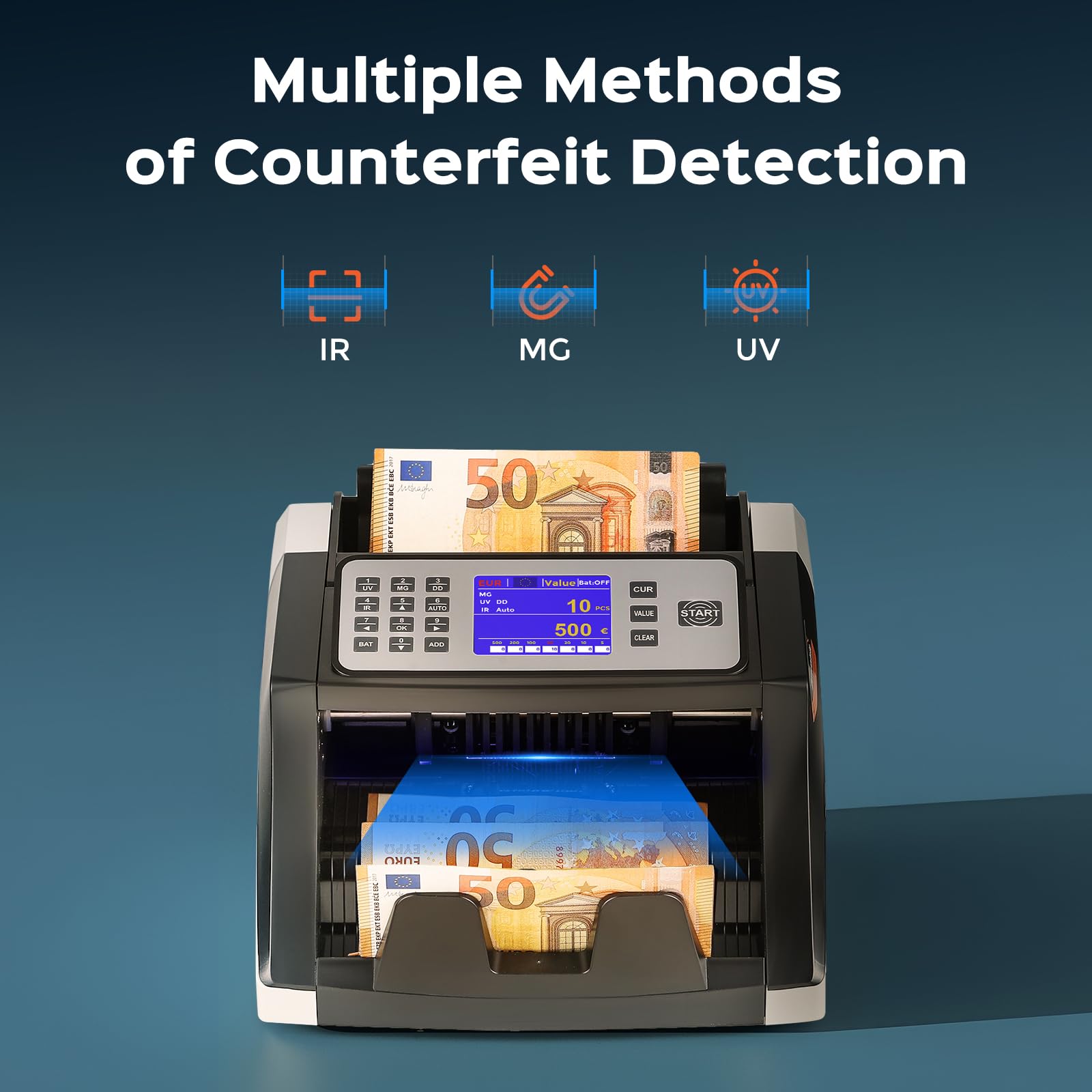 Bonvoisin Contadora de Billetes, Contador de Dinero que Cuenta el Valor de los Billetes Clasificados, con Detección de Billetes Falsos UV/MG/IR/DD, 1000 piezas/min (No cuenta montos mixtos)