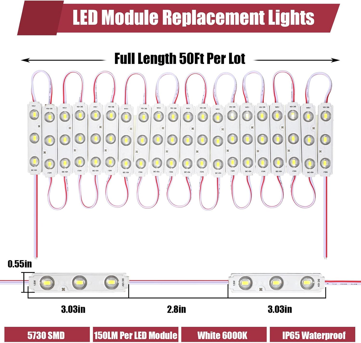 200 Pcs LED Module Replacement Lights for Christmas Inflatables, 6000k White, 5730 Smd, 150lm, 100ft, Self-adhesive, Cuttable, 50, 000 Hours Lifespan, Indoor Outdoor, Ac 110v-dc 12v, Tape Backing