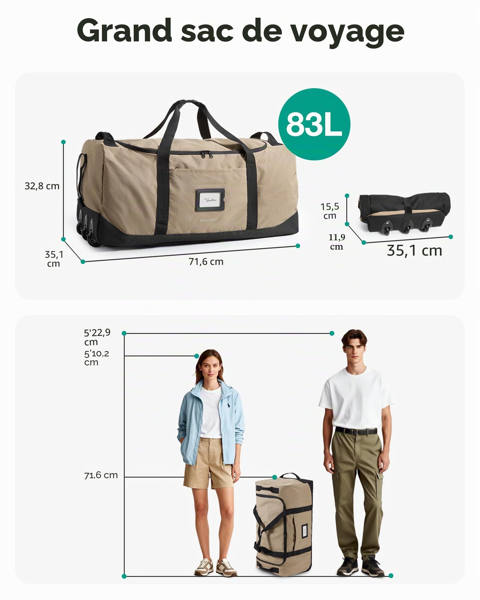 BAGSMART Sac de voyage pliable avec roulettes, 80 l, léger, 3 rouleaux, grand sac de voyage pour homme et femme, peut être enroulé et rangé, marron