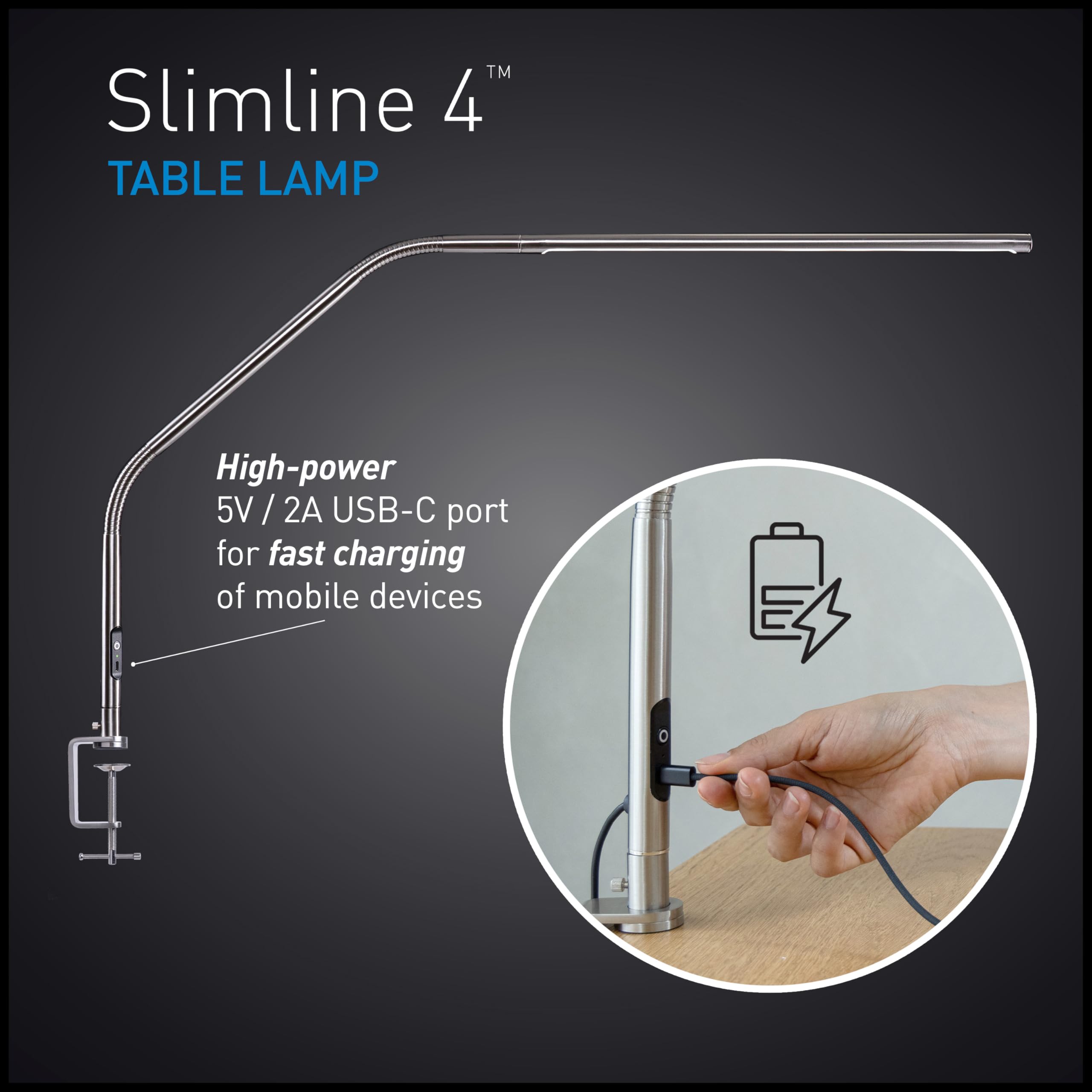 Daylight Slimline 4™ – Lámpara de Mesa LED – 6000K, 3200 Lux, 4 Niveles de Brillo, Puerto de Carga USB-C, Difusor Antirreflejos, Lámpara de Escritorio Ajustable para Arte,Acero Cepillado