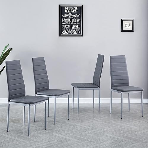 Miniatura 4 de paonne Juego de 4 sillas de comedor grises, modernas sillas de piel sintética para cocina del hogar, sillas de cocina con respaldo alto de mediados