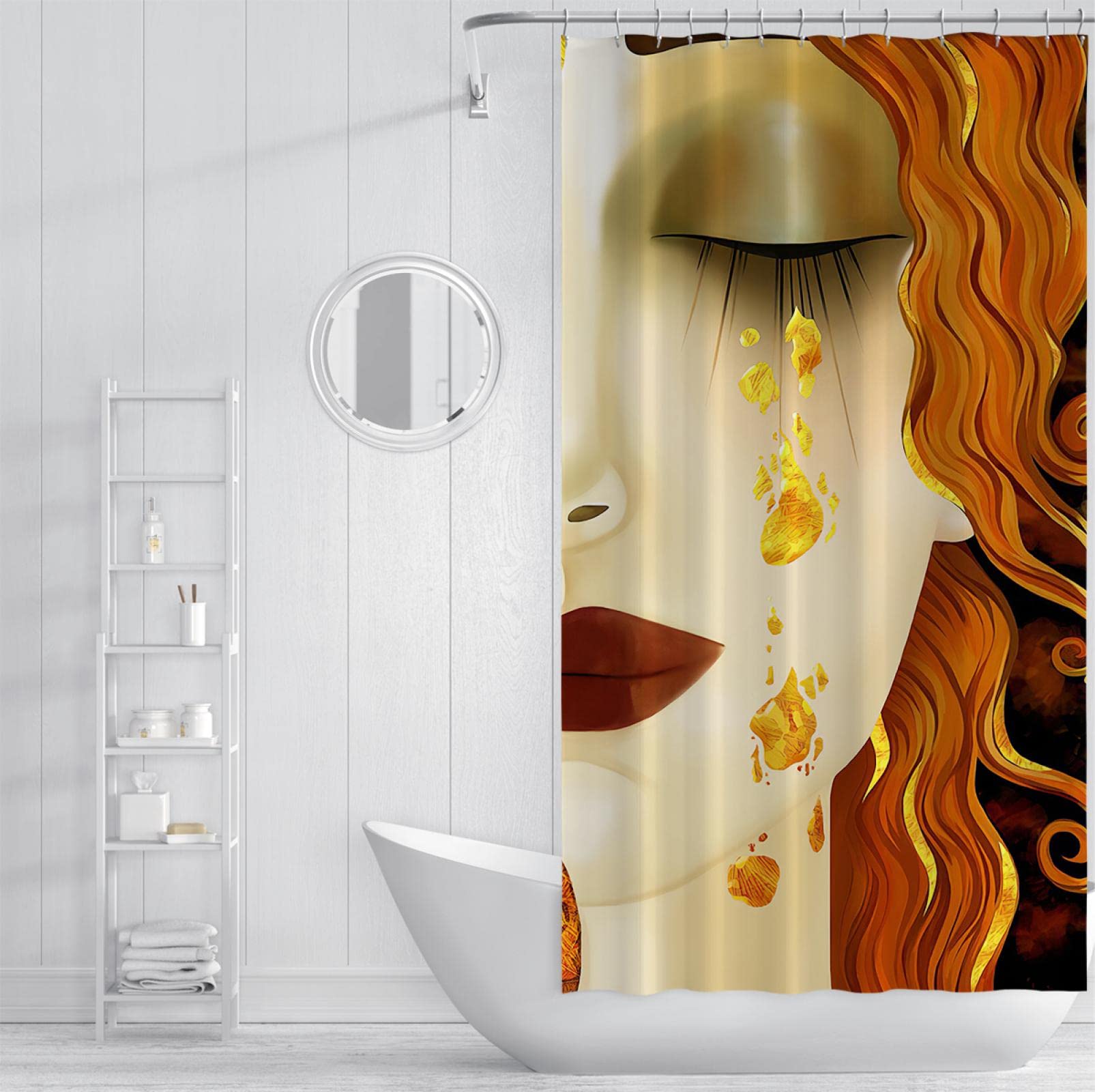 tende da doccia donna elegante capelli biondi, labbro rosso e lacrime dorate arredamento bagno impermeabile tessuto doccia tende lavabili in lavatrice W240xL175cm