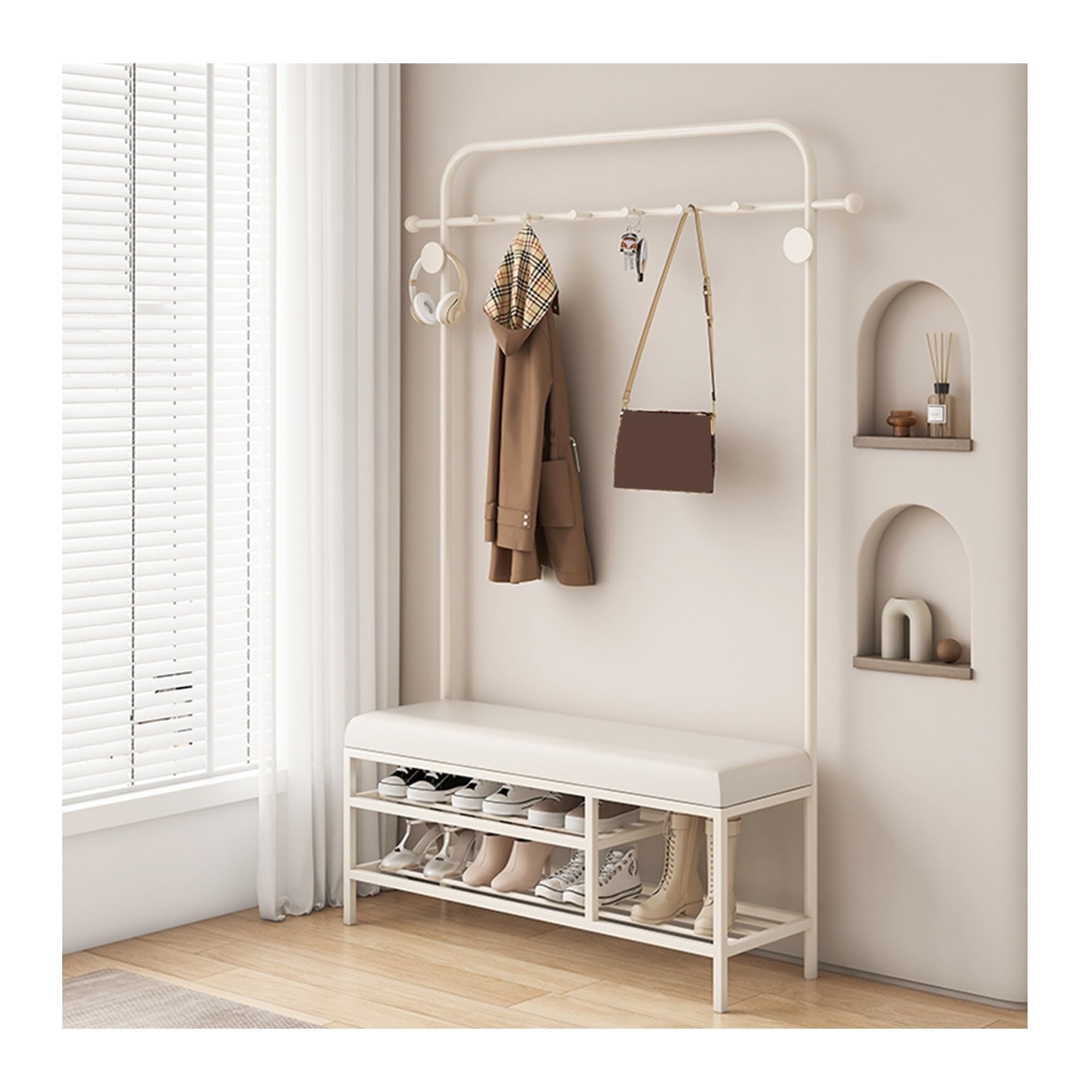 Banc-étagère à chaussures 2 niveaux et portemanteau blanc gain de place