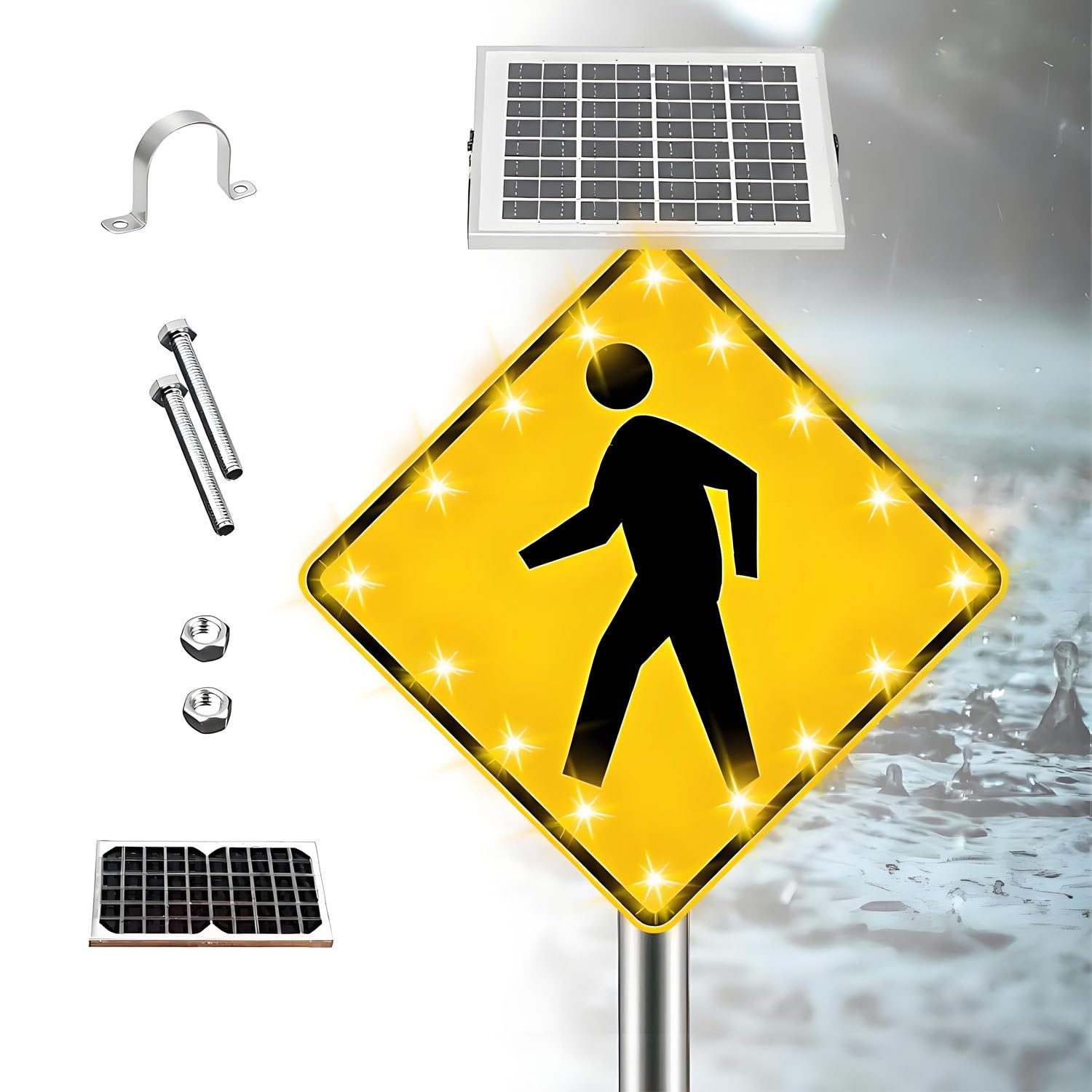 ROEFETY Solar Pedestrian LED Flashing Crossing Sign,Flashing LED Pedestrian Crossing Sign,Engineering grade reflective film,16 LED Flashing Light,Aluminum IP65 Weatherproof Crosswalk Signs 30inches