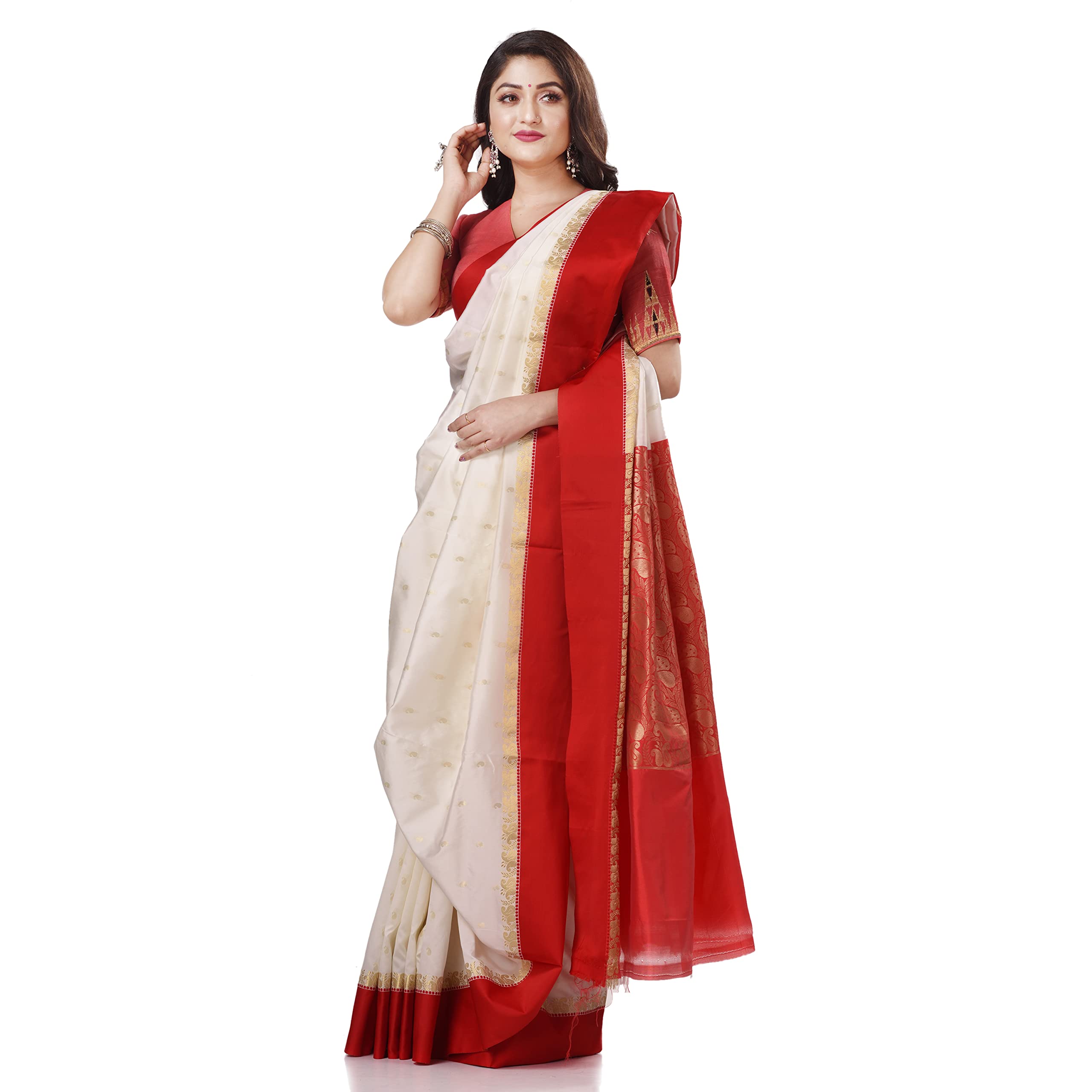 db desh bidesh Women`s Bengal Art Garad Silk Saree Handmade Kalka with WholeBody Design Saree-picture-42