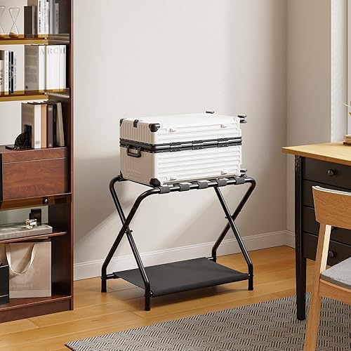 Miniatura 4 de HOOBRO Portaequipajes, soporte plegable para maleta con estante de almacenamiento de tela para habitación de invitados, dormitorio, hotel, soporta