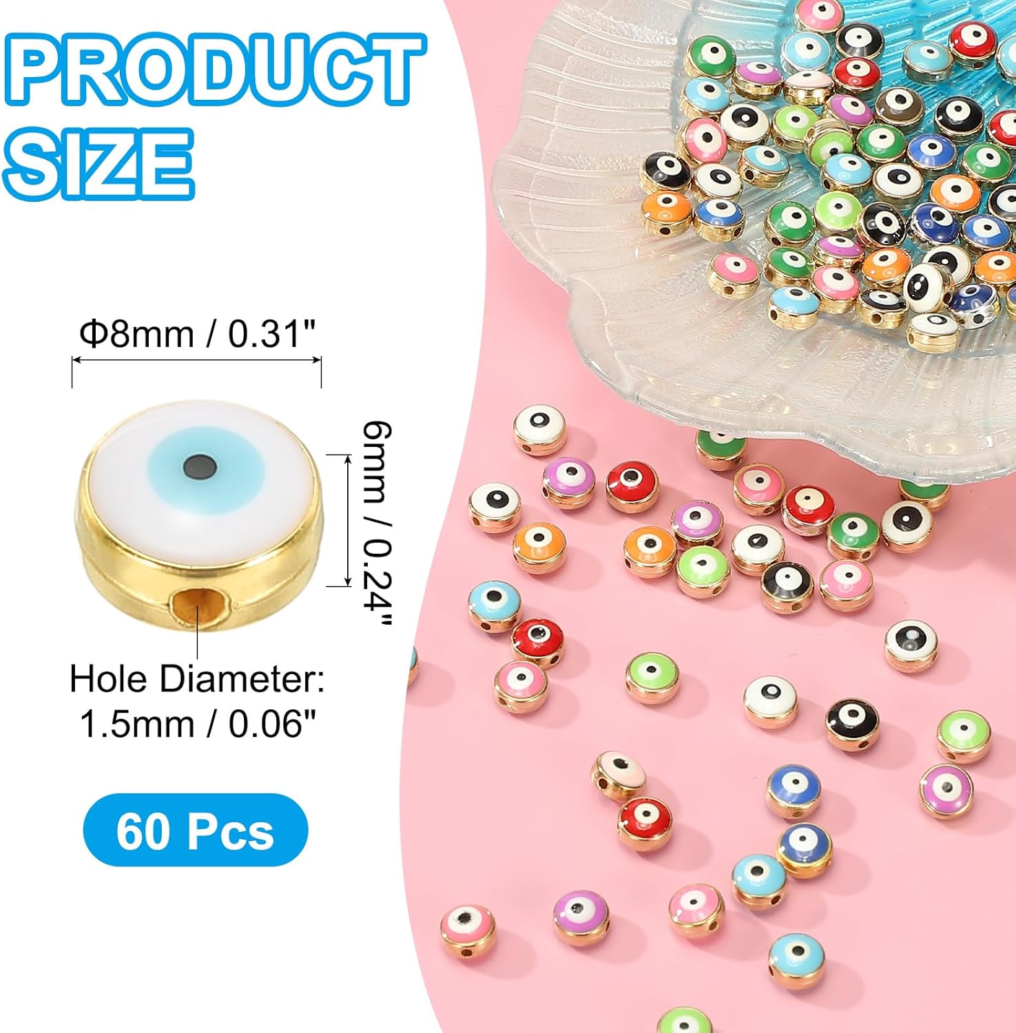 PATIKIL 8mm Evil Eye Beads, 60 Pcs Flat Round Turkish Evil Eye Charm with Golden Edge Spacer Beads Eyeball Bead for Bracelet DIY Necklace Earrings Making, White - Image 2