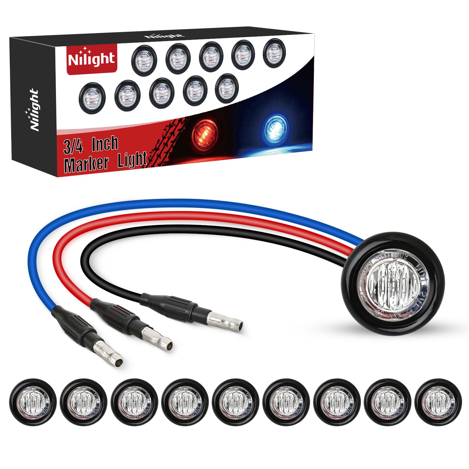 Nilight 3/4" Dual Color Marker Light 10PCS Red to Blue Brake Auxiliary Side Marker Clearance Indicator Bullet Lights 3 Plug Connector IP68 Waterproof