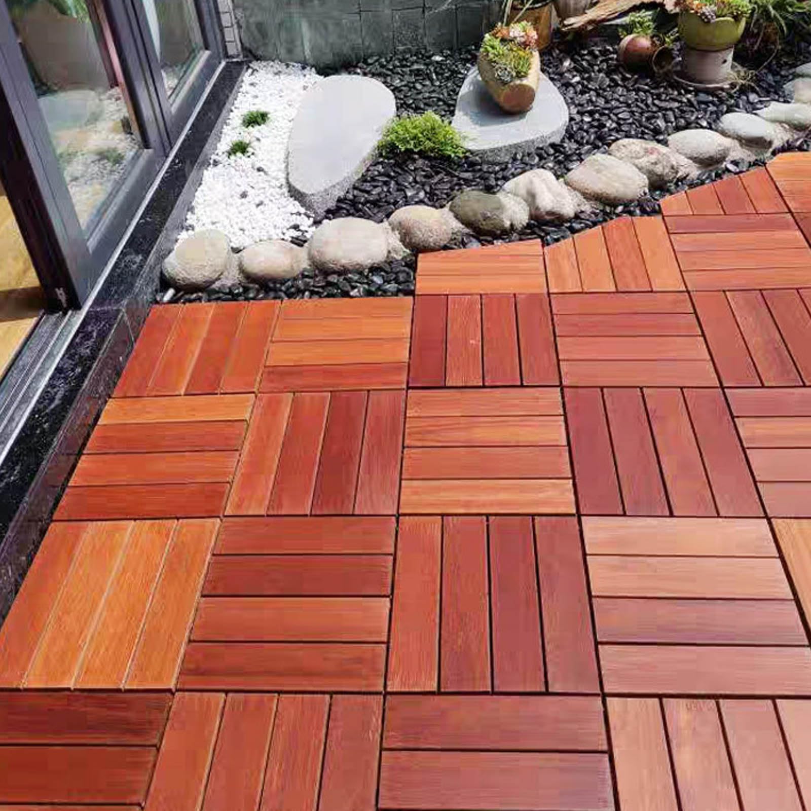 Hardwood Patio Tiles, Set of 11 Real Wood Tiles with Click System Drainage Balcony Tiles with for Outdoor Garden Balcony Roof 30 x 30 x 2.7 cm A