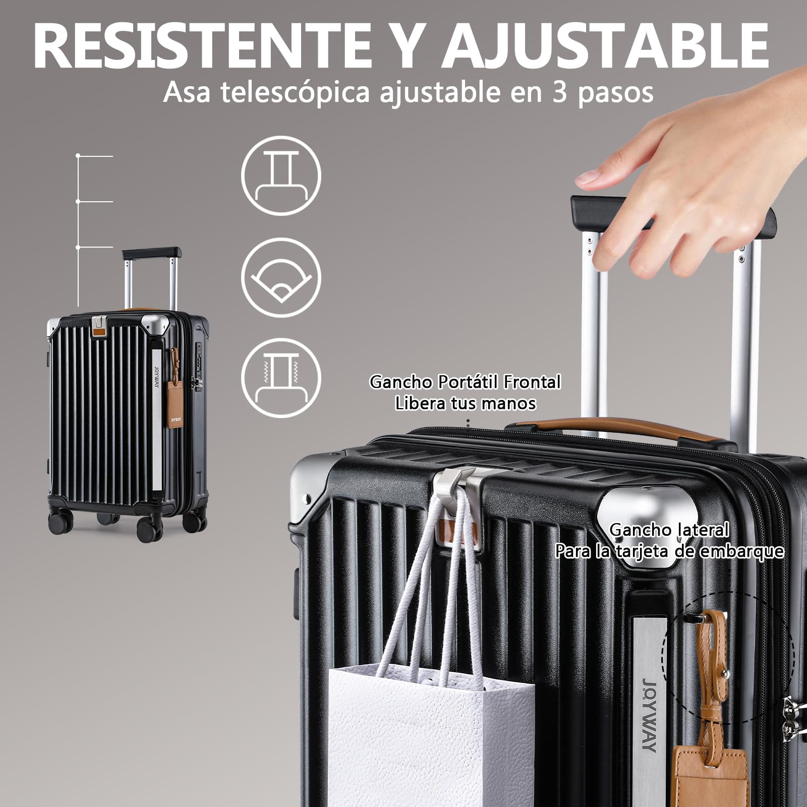 Joyway Maleta Cabina 20" ABS, Expandible 25% Ruedas 360° y Portavasos Negro | Asa telescópica 3 niveles, cremalleras YKK, TSA, compartimentos internos organizados y estructura antiarañazos