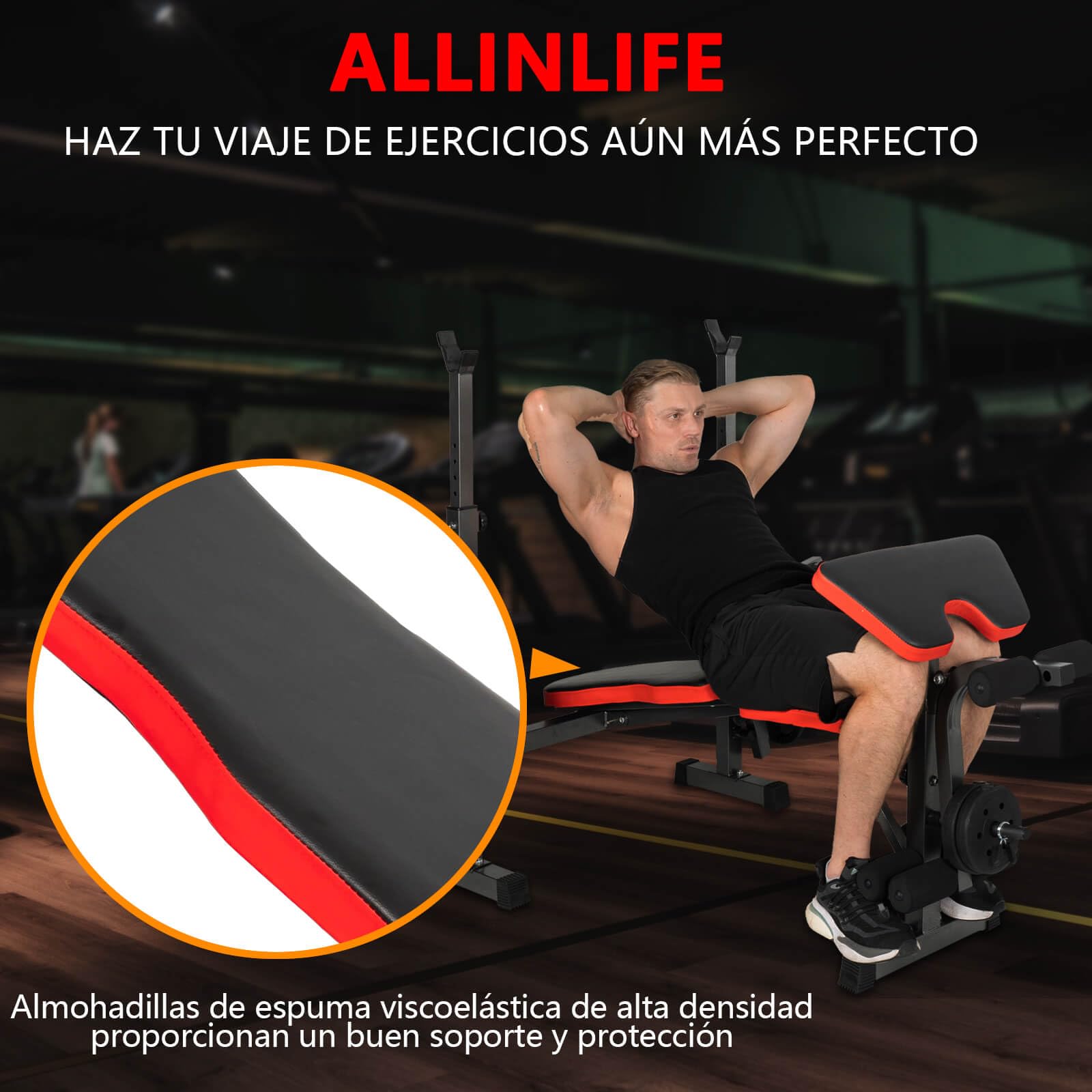 ALLINLIFE Banco Musculación,Banco de Pesas con Altura Ajustable,Banco Abdominales Plegable,Banco de Entrenamiento con Respaldo Ajustable Soporte para Barra y Curl de Brazos y Piernas,Gimnasio en Casa