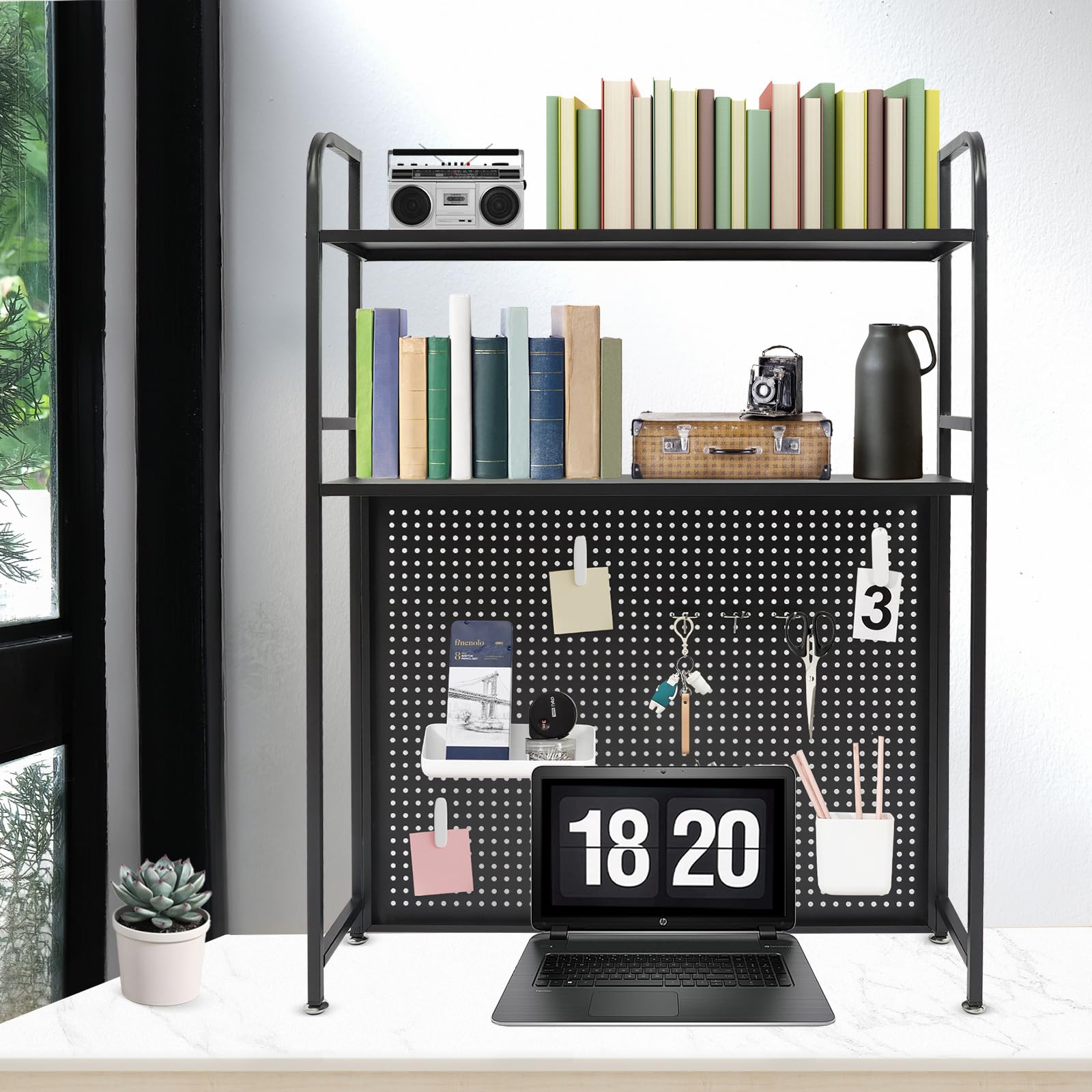 Organizer da scrivania in metallo, a 2 piani, multiuso, con fori e ganci, per riporre libri, materiale da ufficio, supporto in acciaio al carbonio, 15 mm, 75 x 20 x 98 cm
