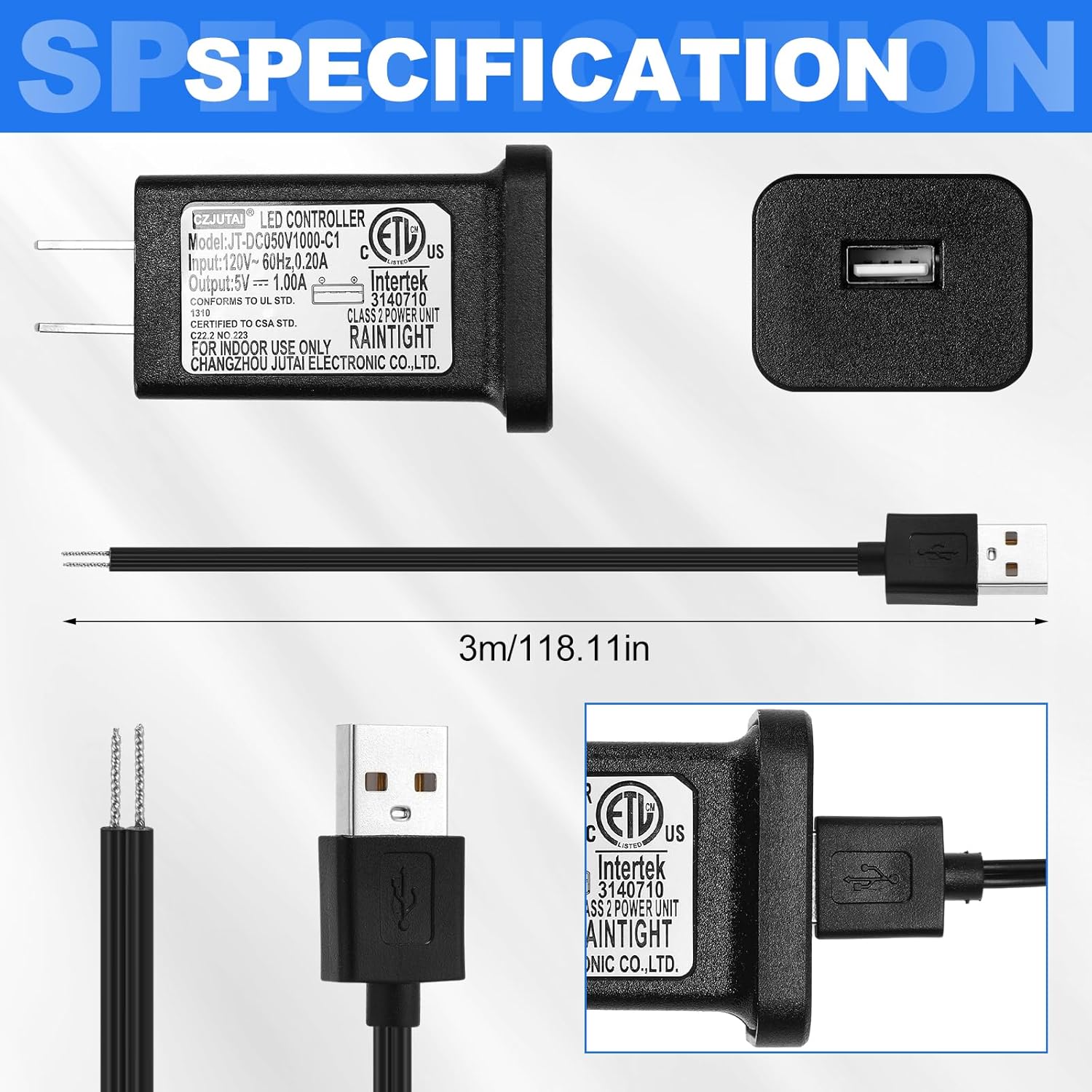 Flutesan 2 Pcs USB Interface 5v5w Class 2 Power Supply with 2 Pcs Extension Cord for Christmas USB Lights Ip44 Waterproof Low Voltage Transformer for Lights Plug Adapter Xmas Decor