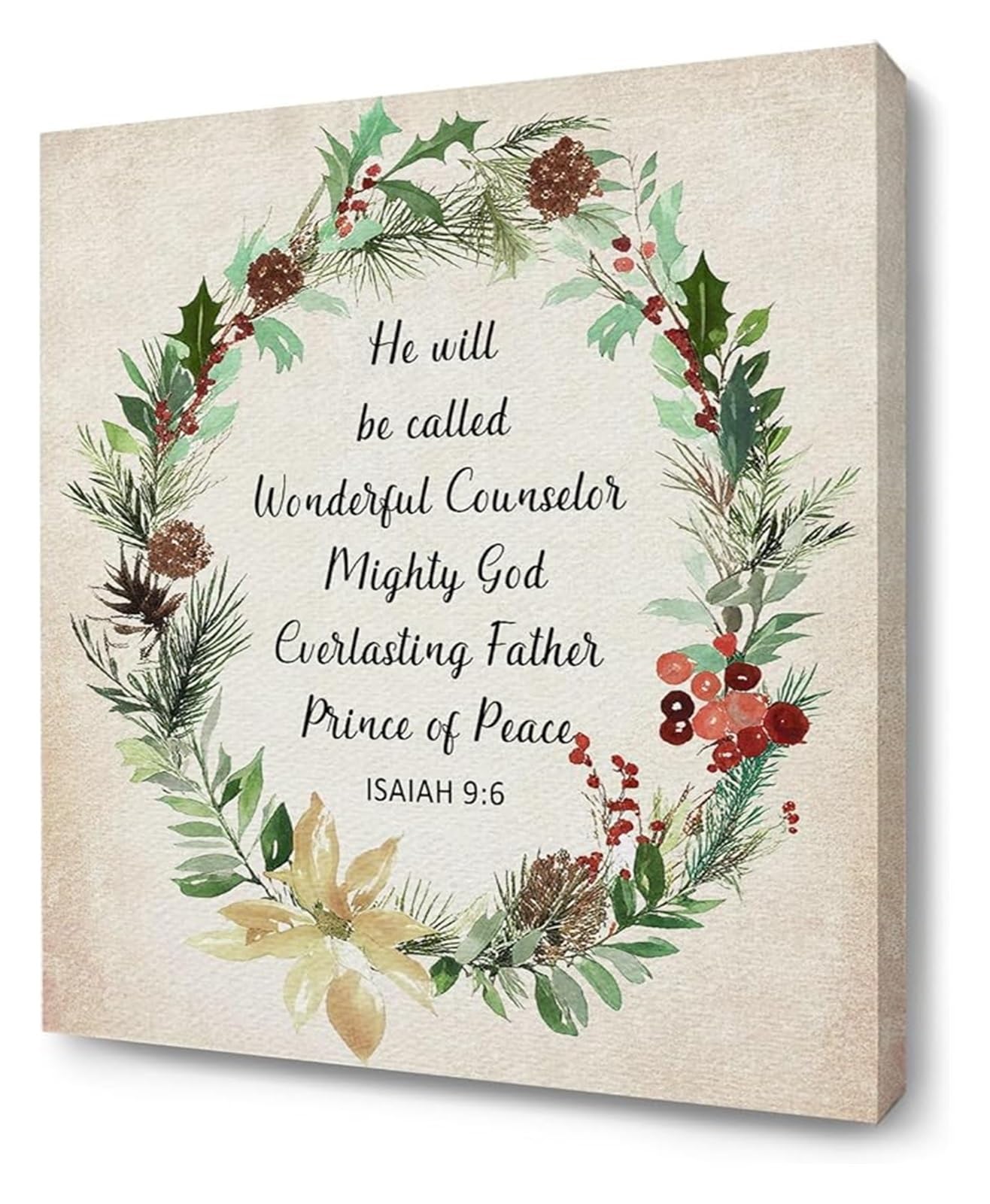 XTVVTODJXT Vintage Christmas Wreath Christian Canvas Wall-Art Isaiah 9 6 Bible Verse Home Decoration(Unframed,12x18inch(30x45cm))