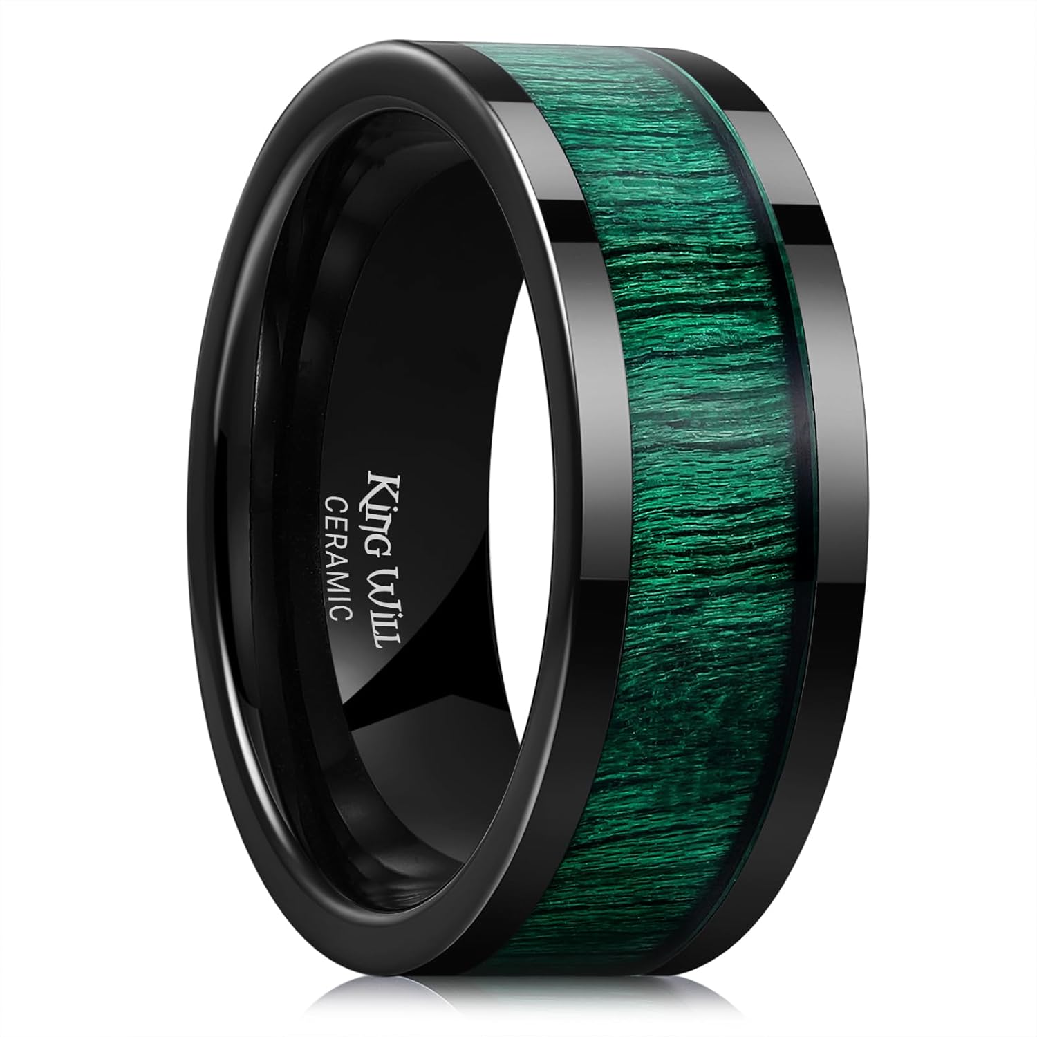 King Will Nature Men's Wooden Wedding Band, Black Mens Ceramic Wedding Ring with Polished Finish Brown Wood Inlay Comfort Fit