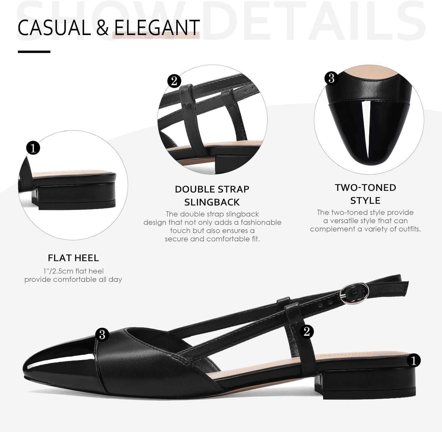 Slingback Flats for Women Two Toned Double Strap Block Low Heel Flats Classic Womens Sandals Comfortable Dressy - Image 3