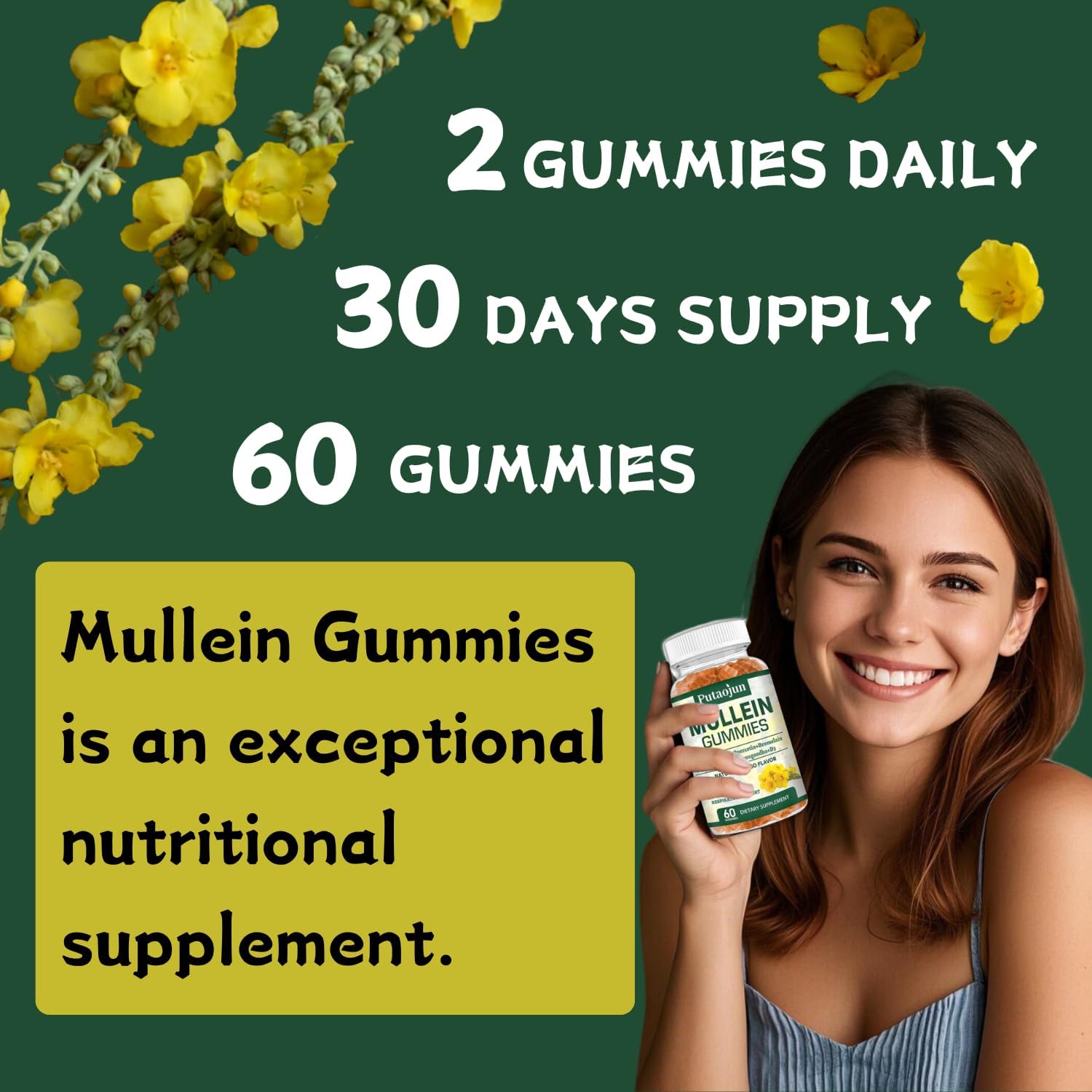 2 Packs Organic Mullein Gummies for Lungs, 2000MG Mullein Leaf Extract Supplement | Quercetin, Bromelain for Respiratory & Immune Support | Vegan, Sugr-Free, Mango Flavor | 120 Count