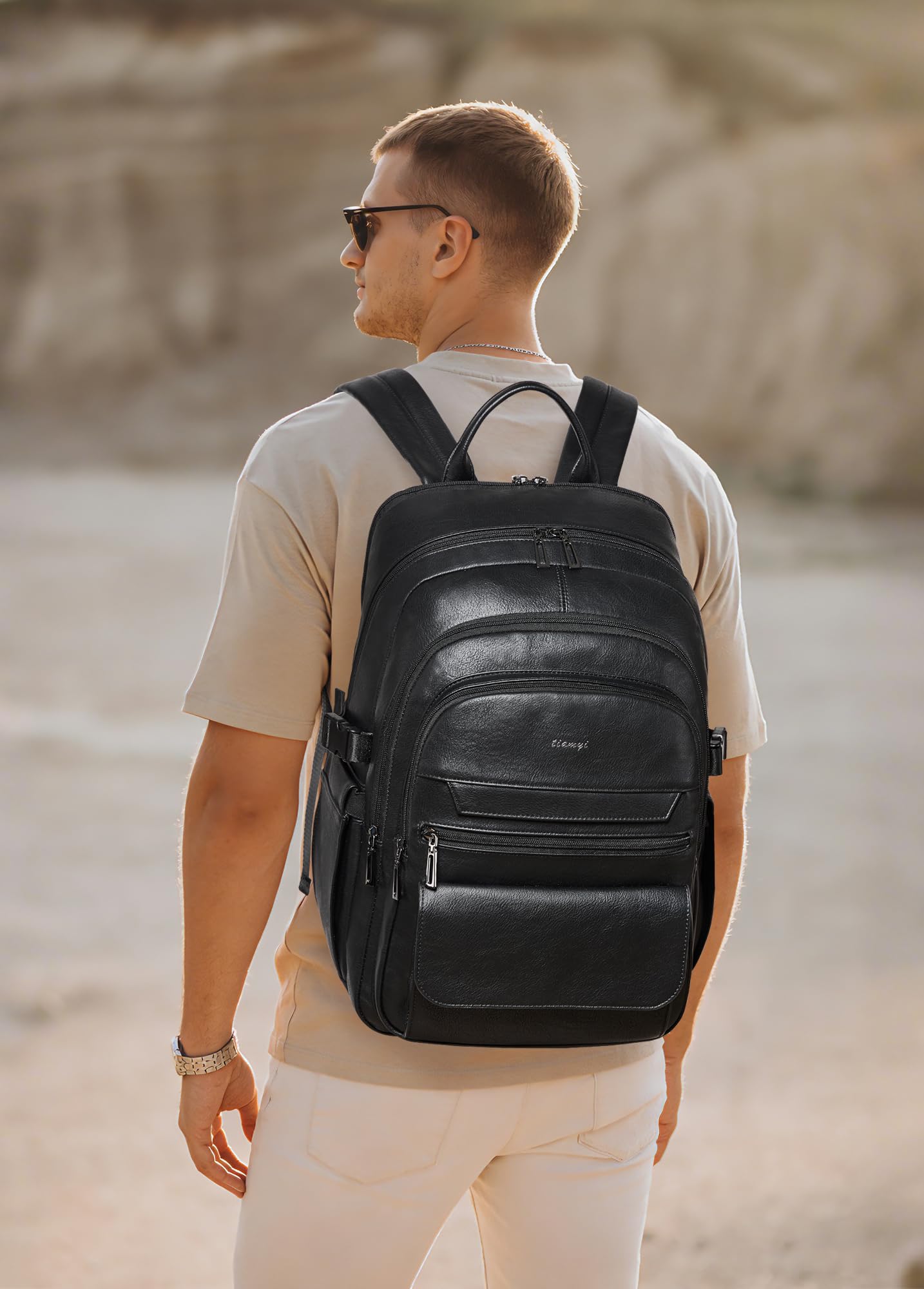 Zaino in pelle vegana, zaino da viaggio TSA per uomo e donna, adatto per notebook da 17 pollici, con tracolla per bagagli e porta USB, nero