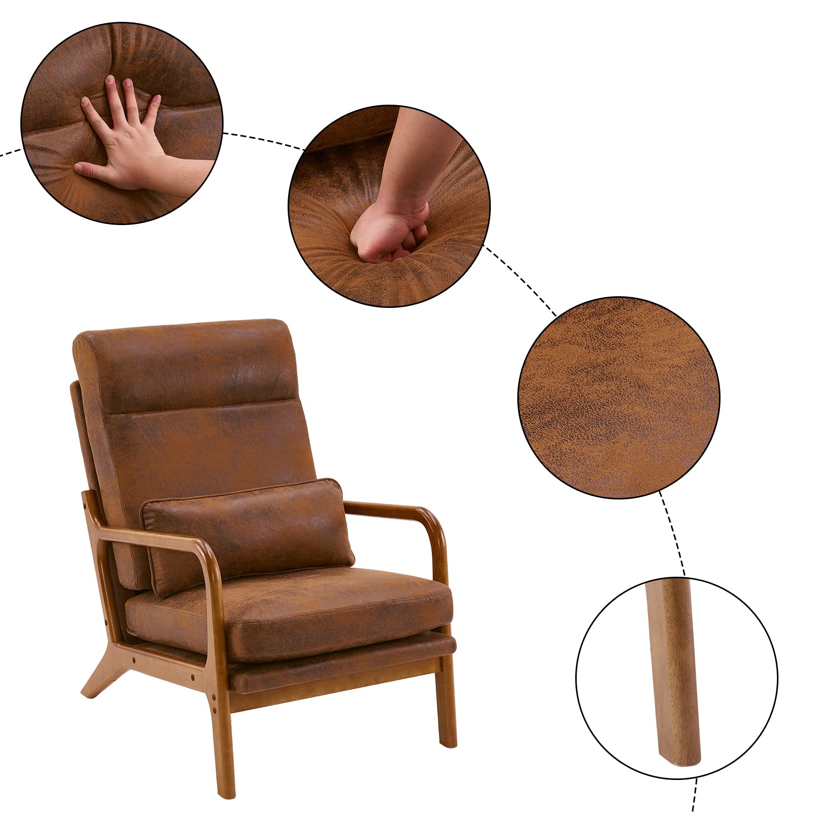 LEADZM Fauteuil de Salon avec Cadre en Bois Massif Fauteuil Lounge, Fauteuil Relax Scandinave, Dossier Haut, pour Salle à Manger, Salon, Chambre, Siege Bureau (Marron)