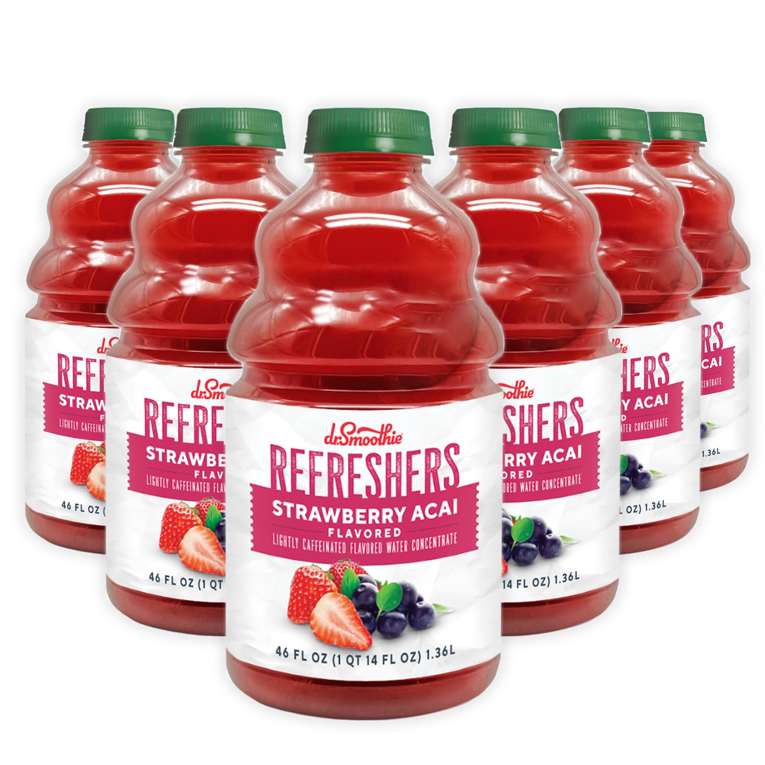 Dr. Smoothie Refreshers Strawberry Acai – Made with Real Fruit Juice – Drink Concentrate, No Artificial Colors, Shelf-Stable – Lightly Caffeinated with Green Coffee Extract (Six 46 oz Bottles)