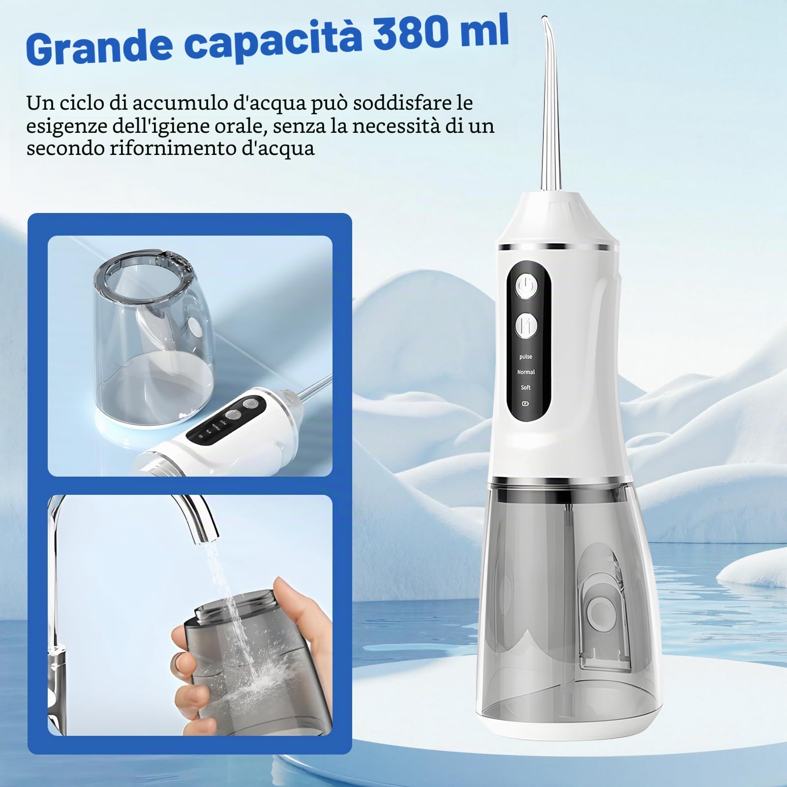 Idropulsore Dentale Oral,Irrigatore Orale,Idropulsore Dentale Portatile,Elettrico Oral Water,con 5 Modalità e 6 Beccucci,Serbatoio da 380ml,Impermeabile IPX7,per Uso Domestico e Viaggi(Bianco)