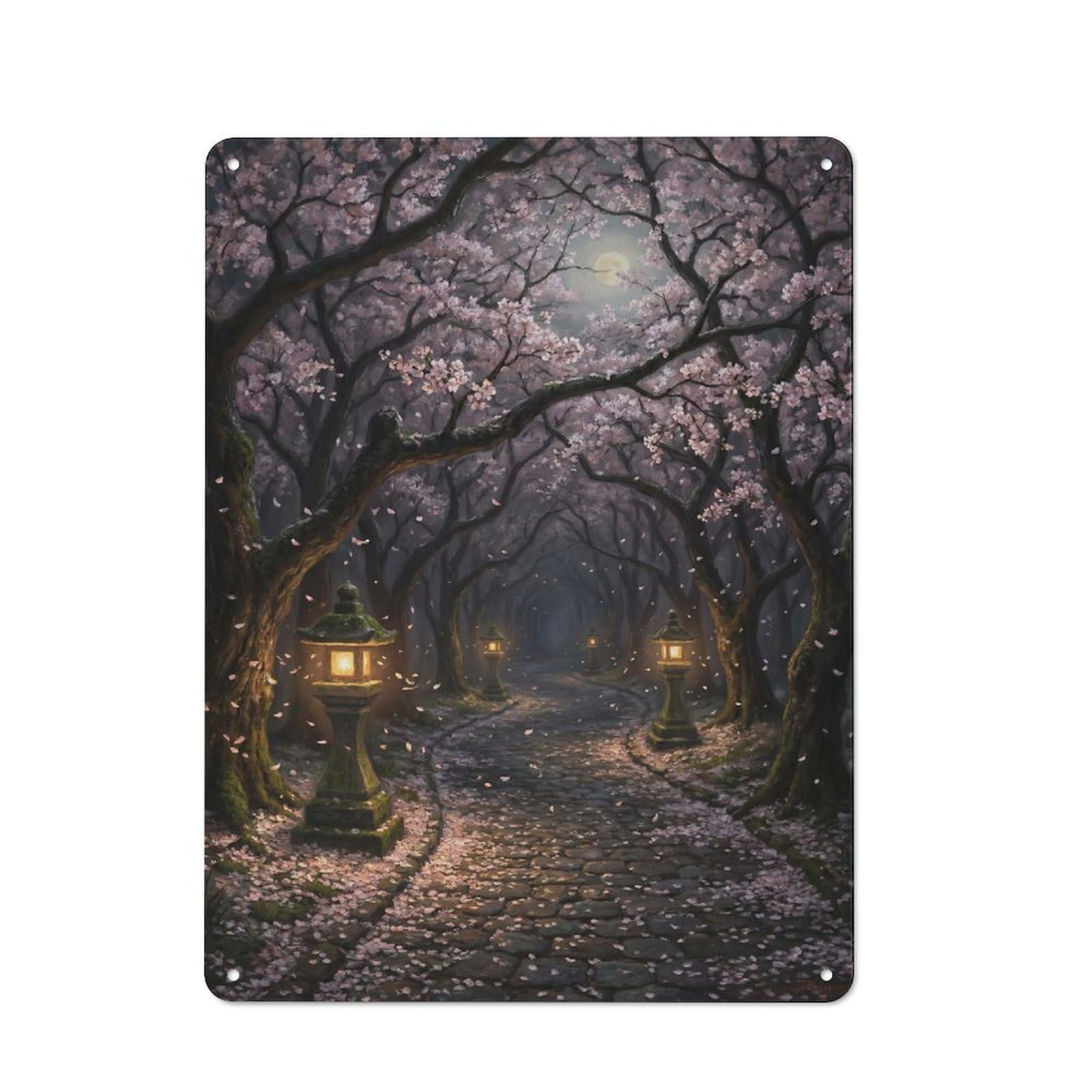 Junmoney Style-23 Rustic Tin Sign 40X30cm Featuring Enchanted Cherry Blossom Path At Night For Garage Or Workshop, For Garage, Workshop And Man Cave Decoration