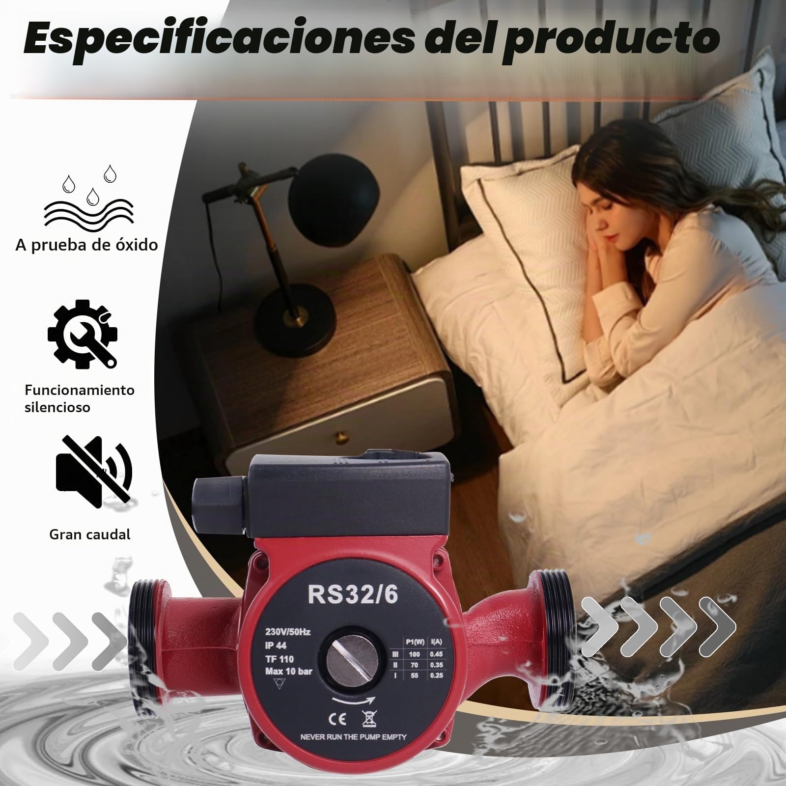 Bomba de Circulación RS32/6-180 mm, Altura Máxima de 6 m | Para Sistemas de Calefacción Central y Calentadores de Agua Solar, Favorece el Flujo en Instalaciones Domésticas, Silenciosa