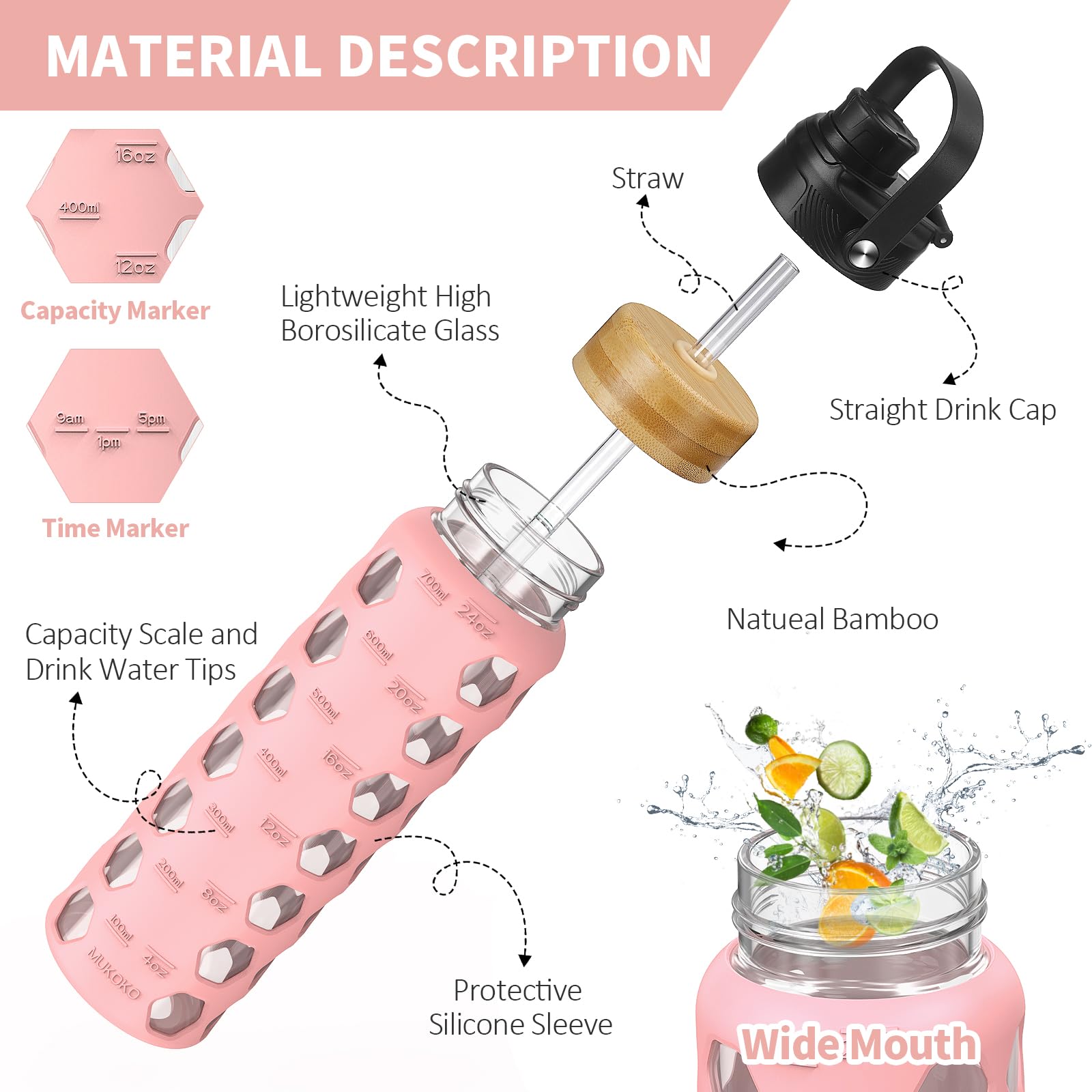 HYDRAGLAZIC 700ML Glass Water Bottle with 2 Flip and Bamboo Straw Lids Sports Water Tumbler with Time Reminder and Silicone Sleeve Leak-proof BPA Free - Image 4